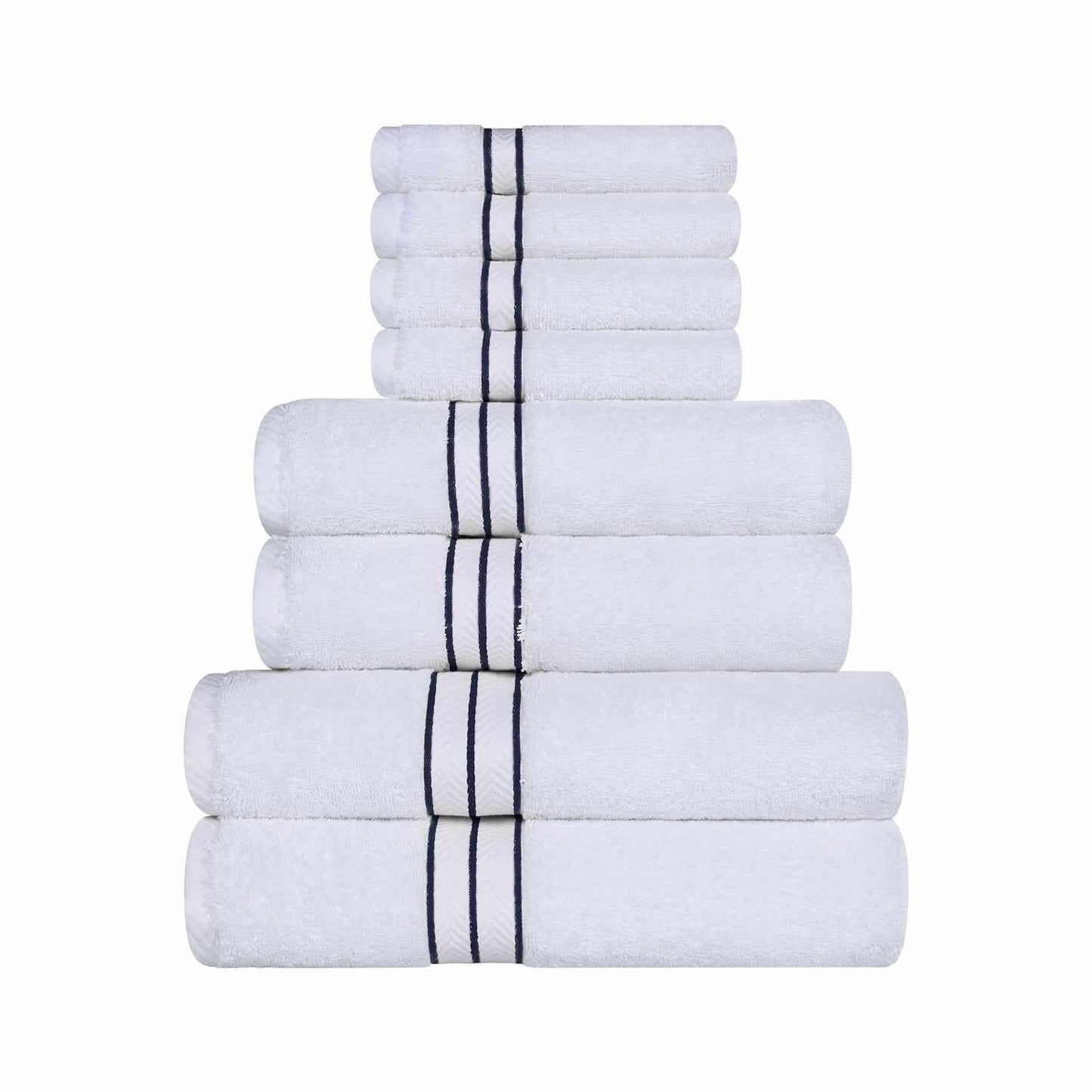 Traditional Organic Wave 650 GSM 8- Pieces Towel Set - White-Navy Blue