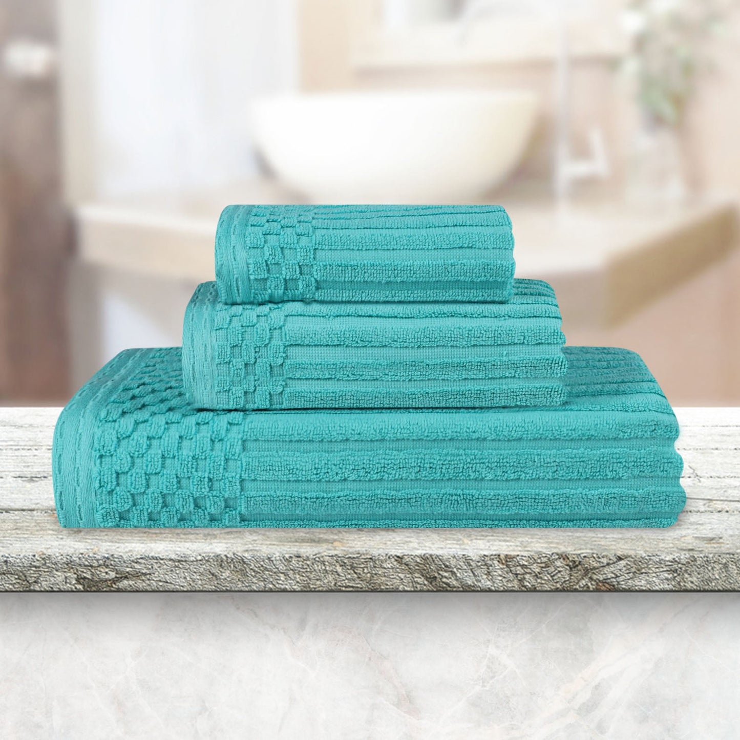Soho Ribbed Cotton Absorbent 3 Piece Assorted Towel Set - Turquoise