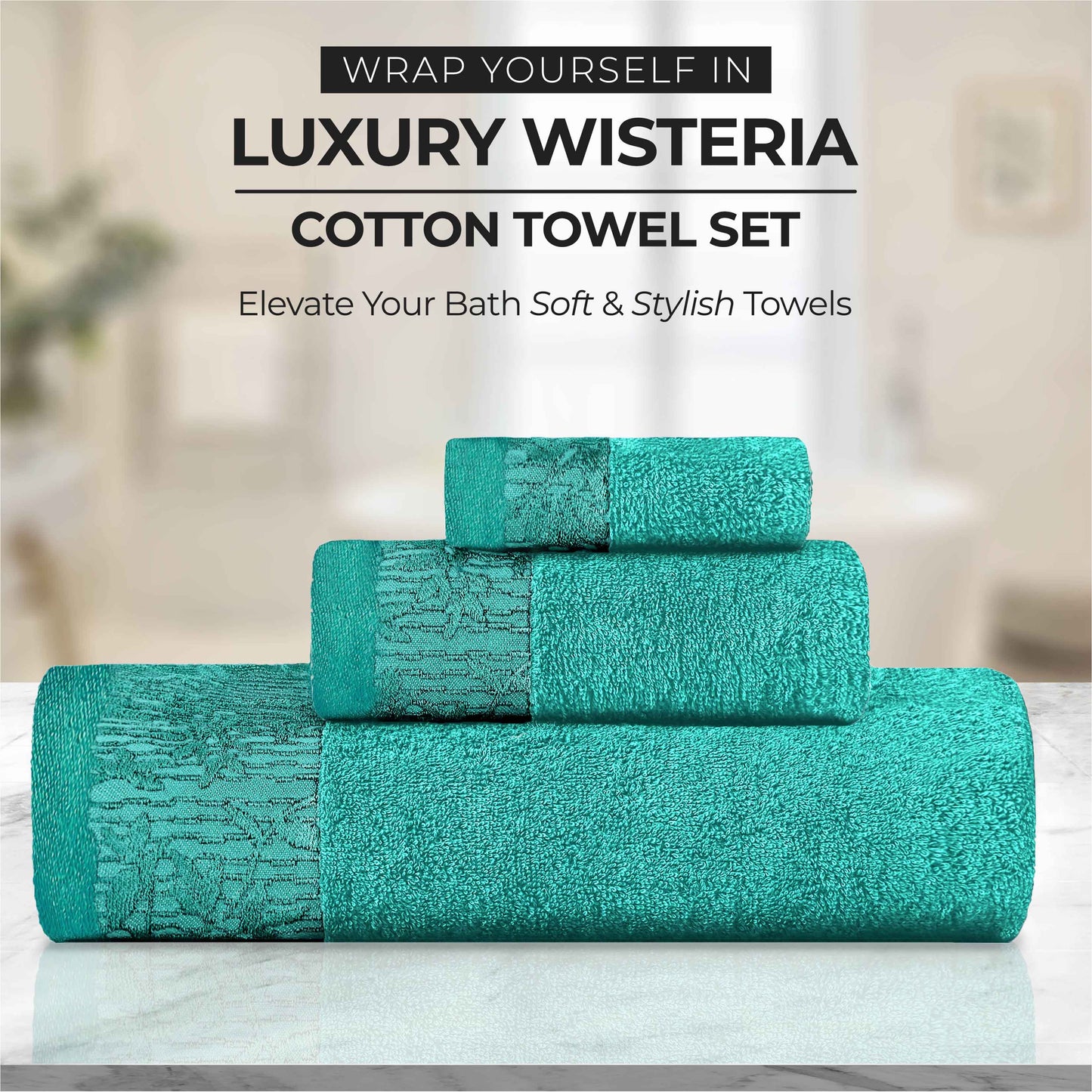 Wisteria Cotton Medium Weight Floral Jacquard Border 6 Piece Towel Set