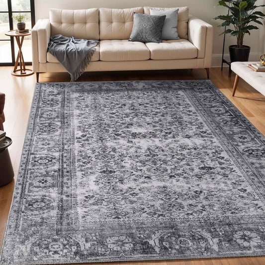Classic Antique Floral Polyester Flat-weave Indoor Area Rug - Charcoal