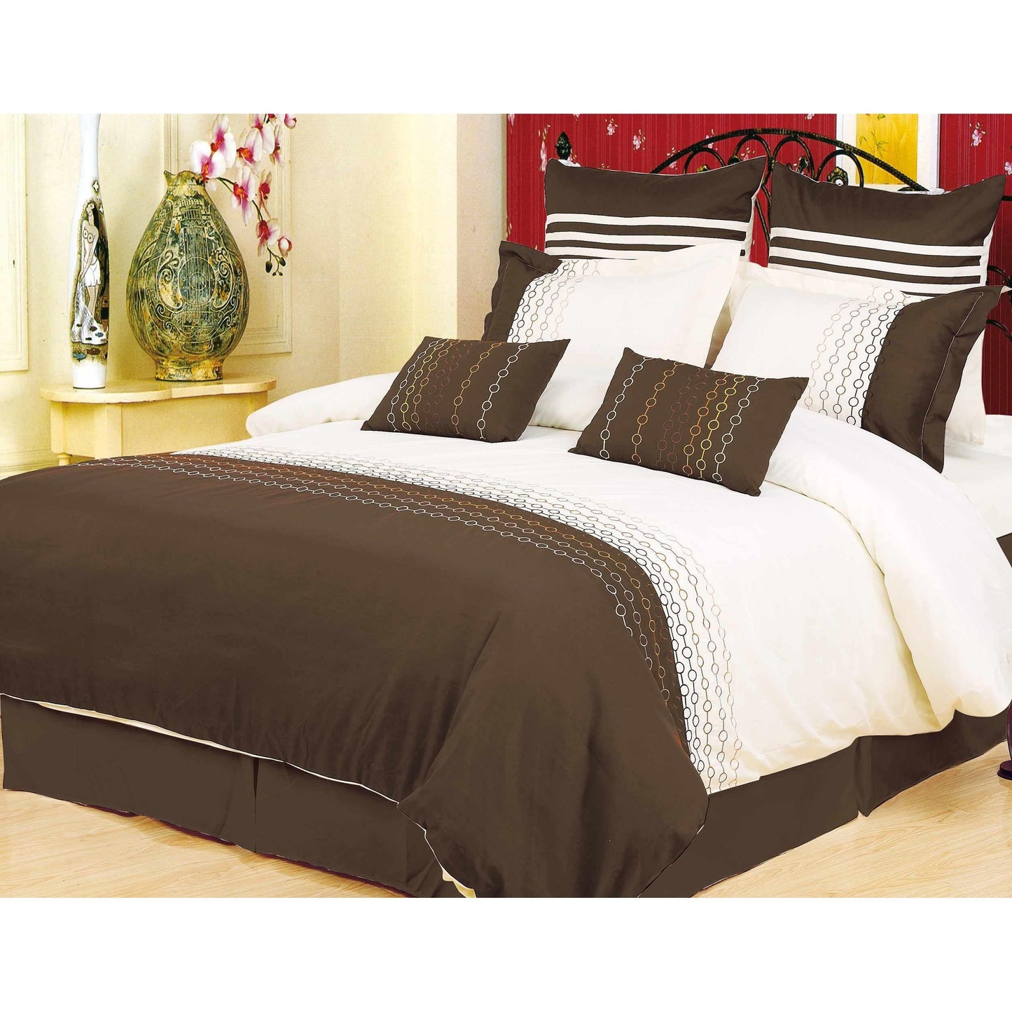 Vanessa Embroidered Microfiber 7-Piece Duvet Cover Set - Brown White