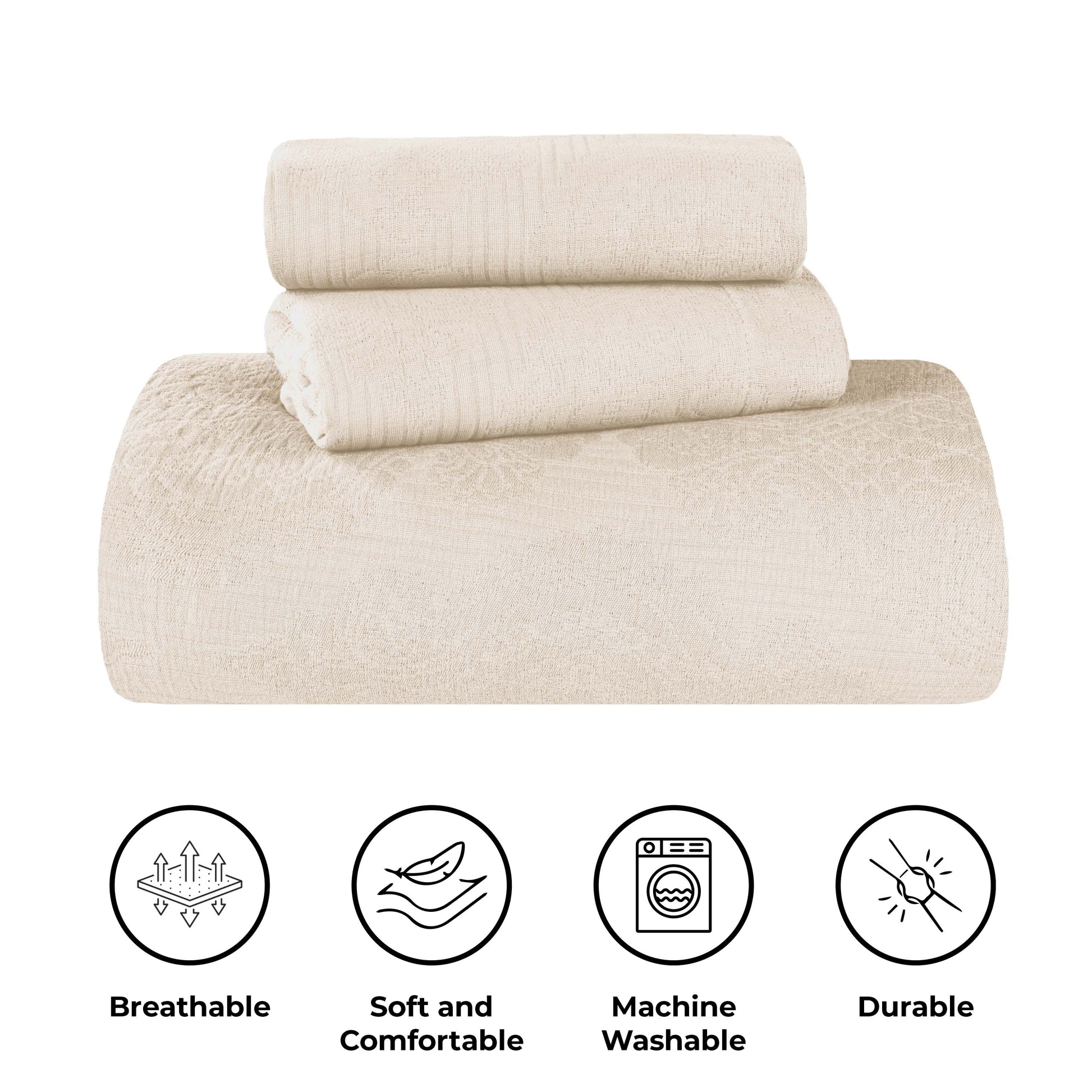 Victory Cotton Matelasse Weave Jacquard Scroll Medallion Bedspread Set - Ivory