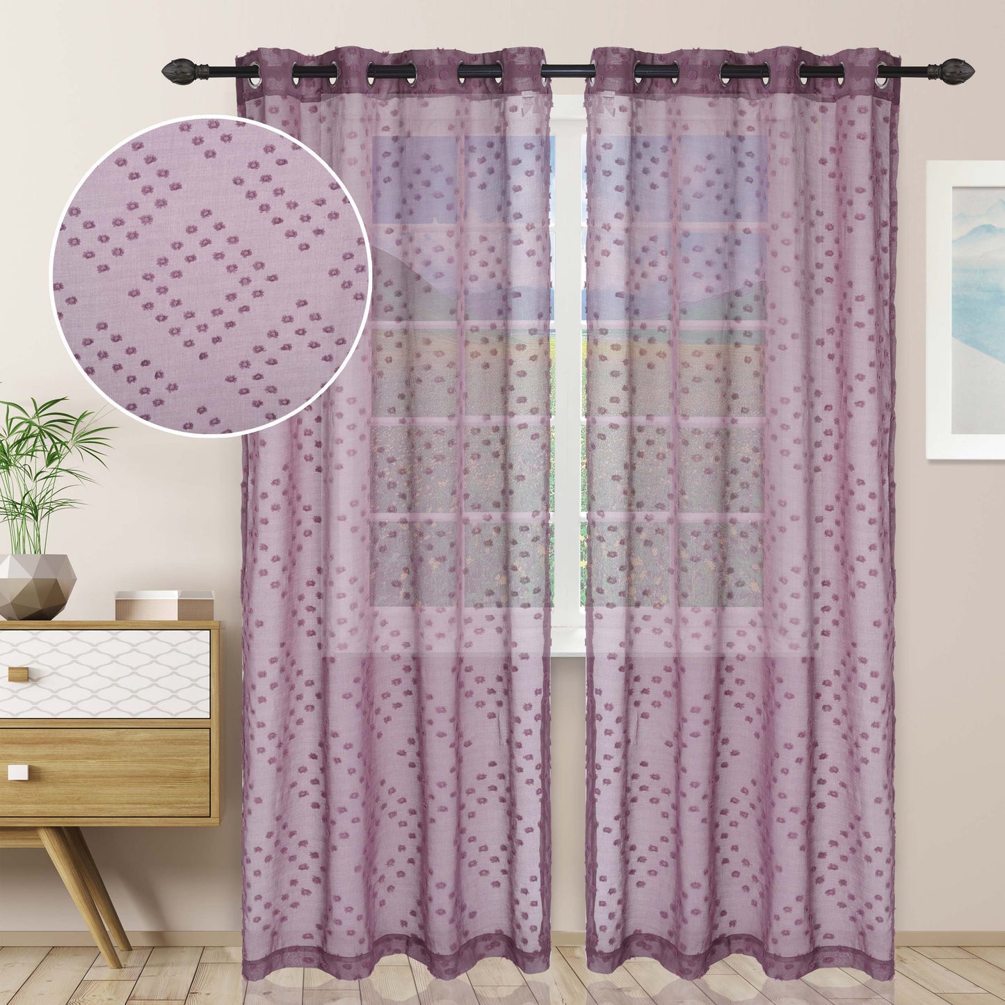 Sheer Poppy Floral Modern Textured Grommet Curtain Panels Set of 2 - VineyardWine