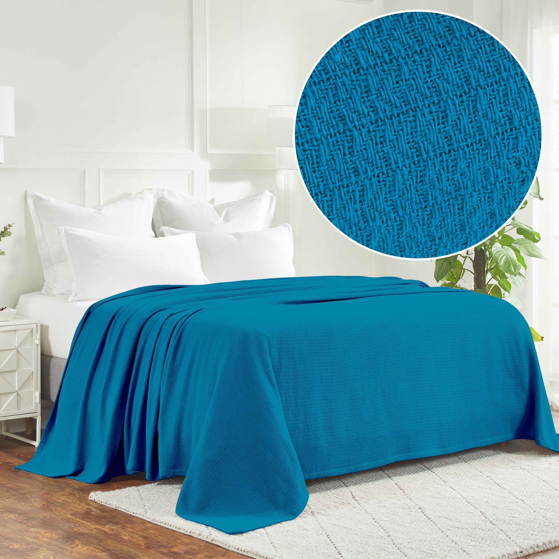 Waffle Weave Honeycomb Knit Soft Solid Textured Cotton Blanket - Azure