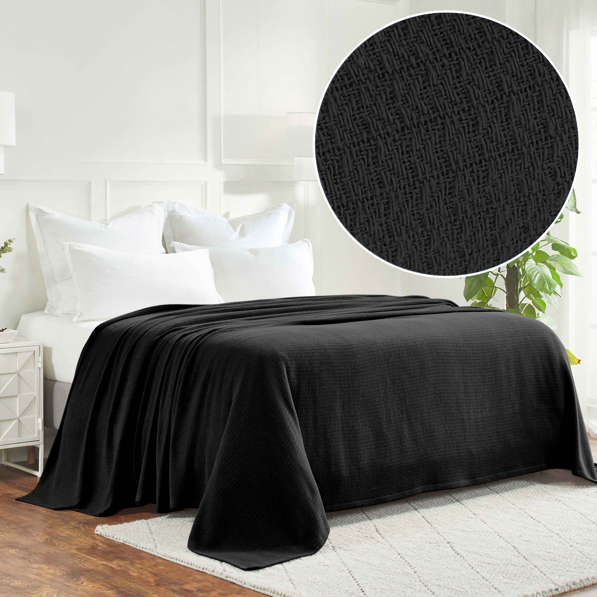 Waffle Weave Honeycomb Knit Soft Solid Textured Cotton Blanket - Black