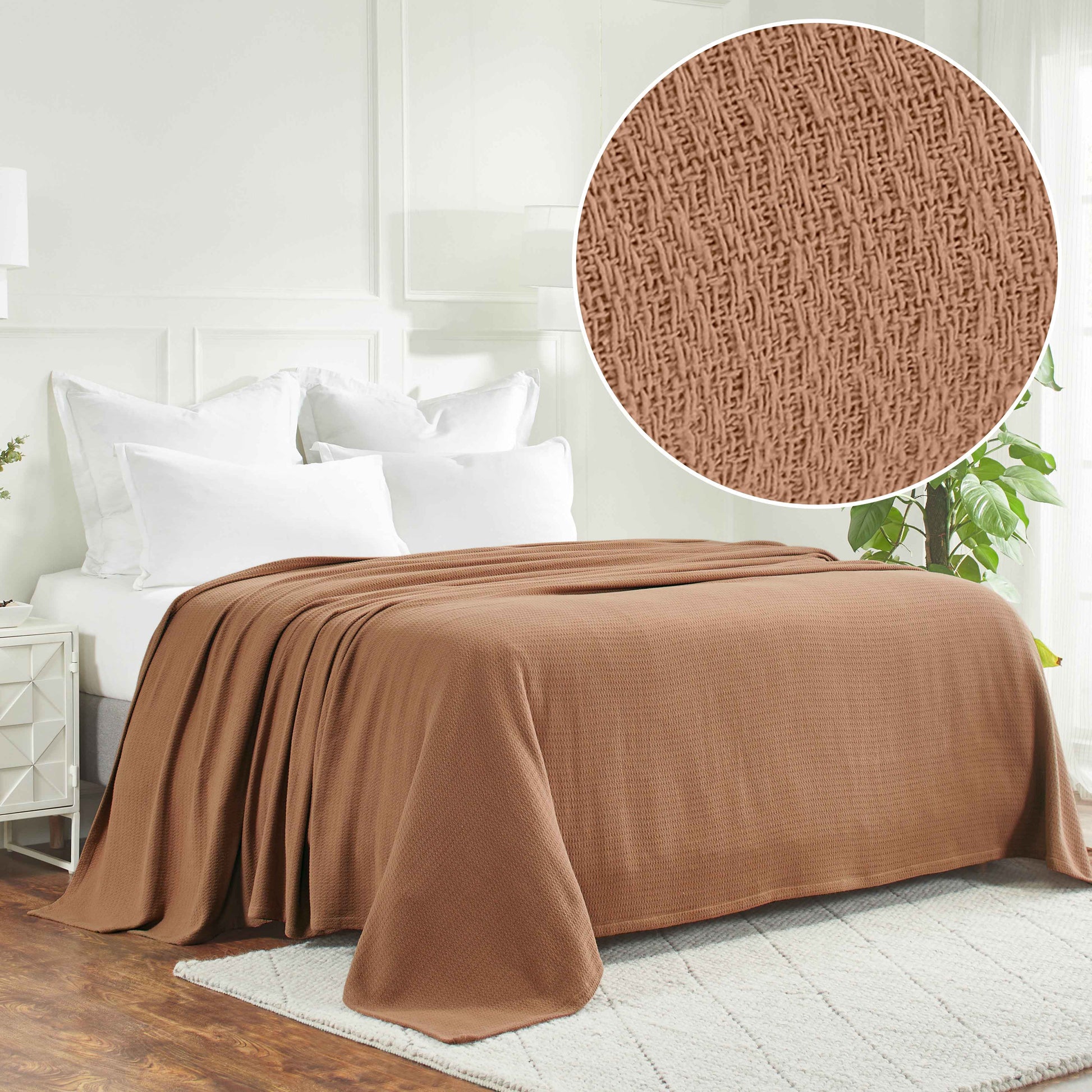 Waffle Weave Honeycomb Knit Soft Solid Textured Cotton Blanket - Camel