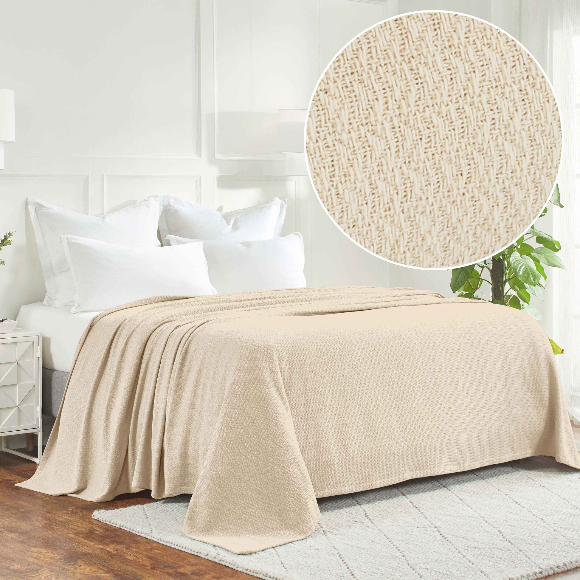 Waffle Weave Honeycomb Knit Soft Solid Textured Cotton Blanket - Ivory