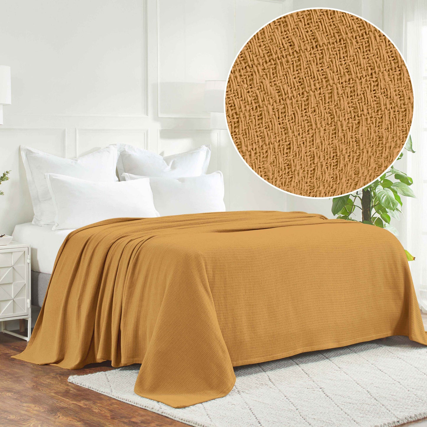 Waffle Weave Honeycomb Knit Soft Solid Textured Cotton Blanket - Sahara