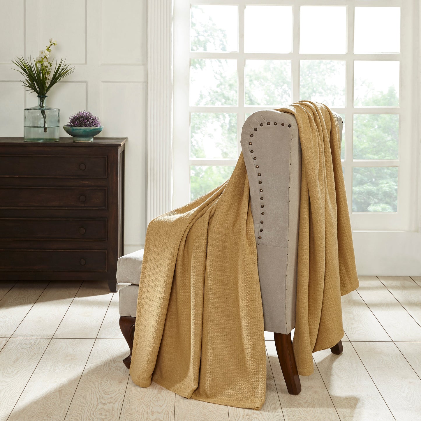 Waffle Weave Honeycomb Knit Soft Solid Textured Cotton Blanket - Sahara