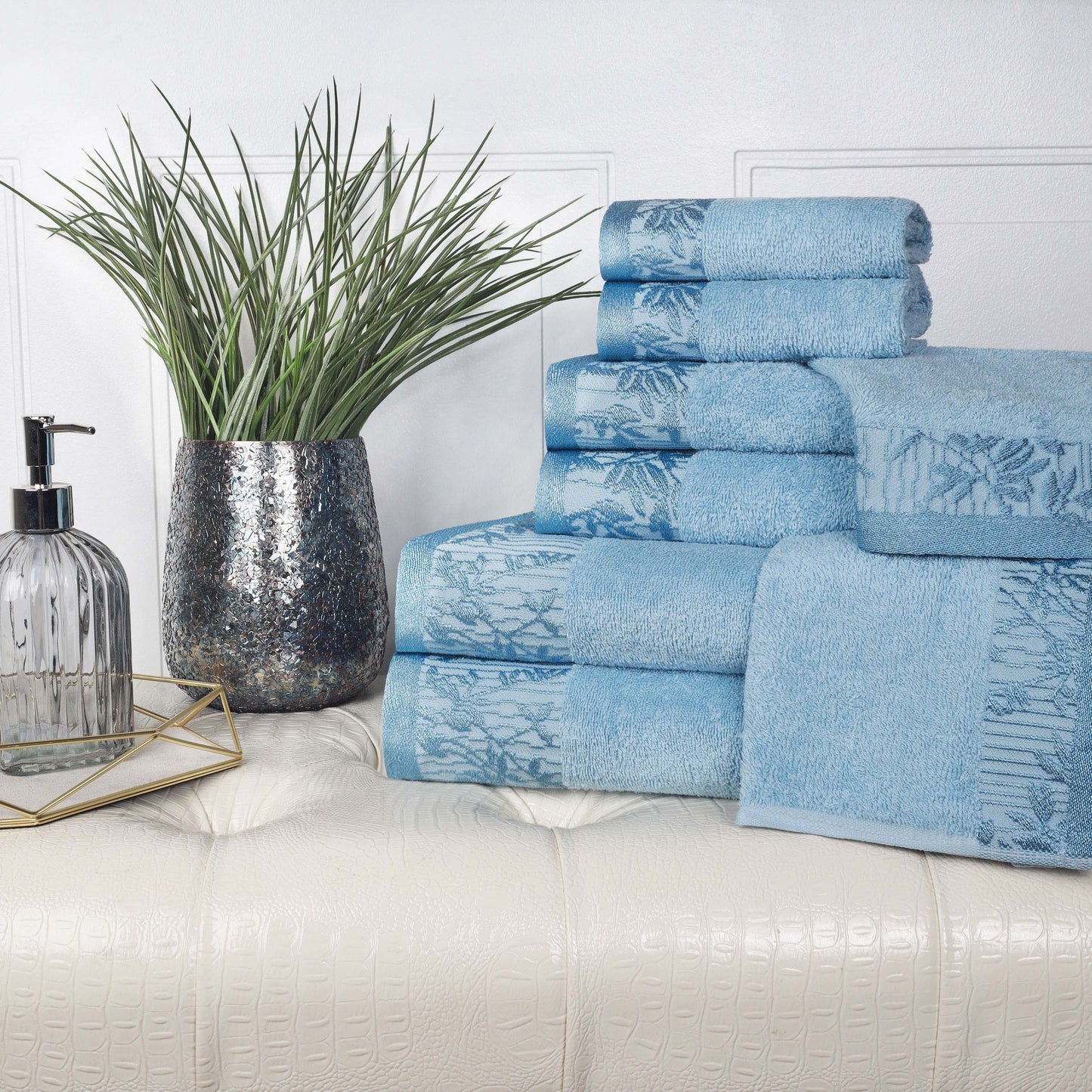 Wisteria Cotton Medium Weight Floral Jacquard Border 8 Piece Towel Set