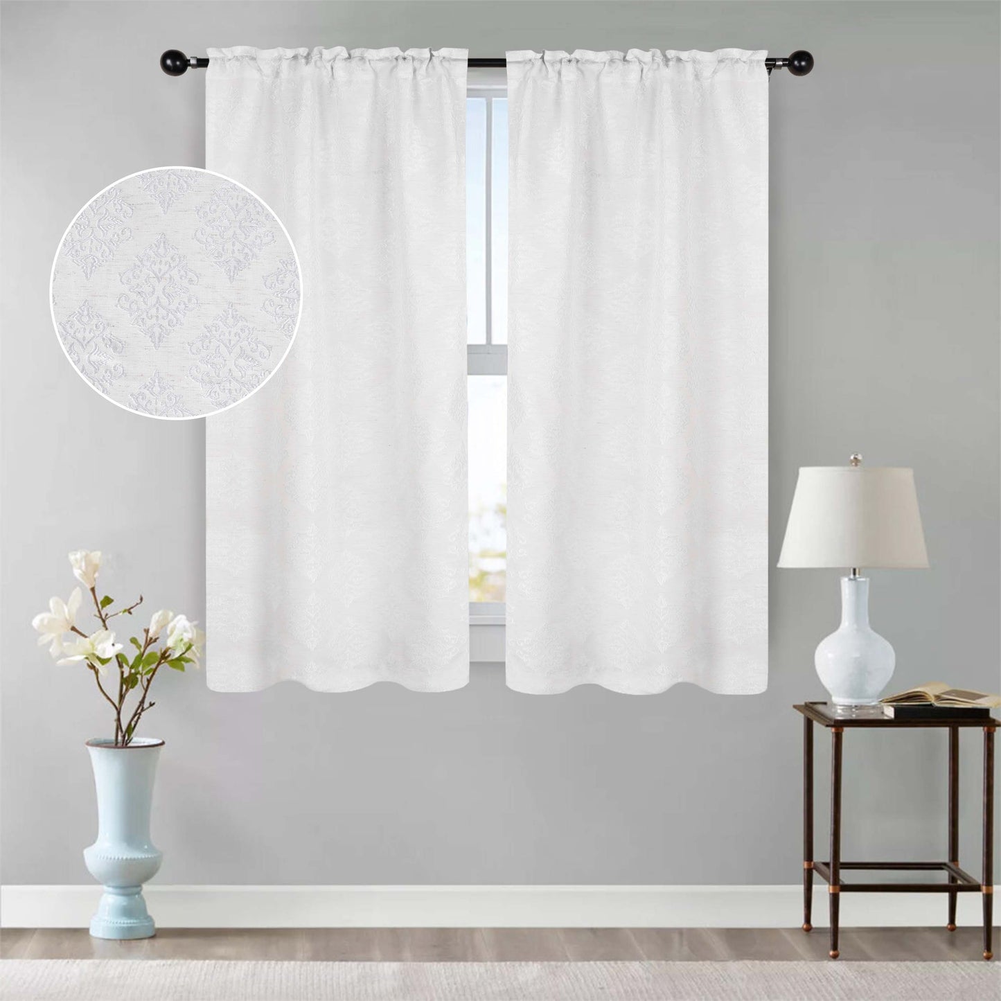 Venetian Damask Jacquard Curtain Panels, Set of 2 - White