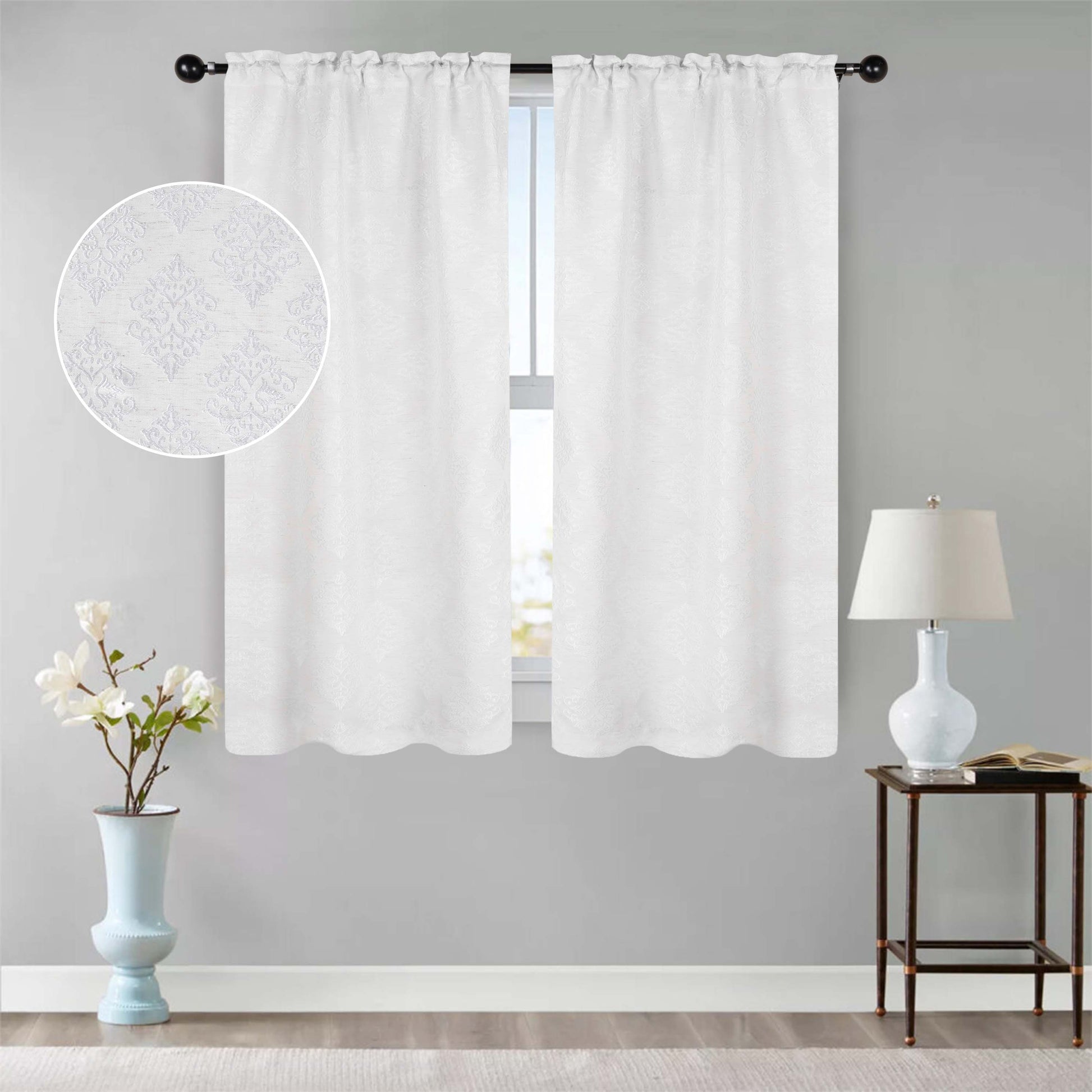 Venetian Damask Jacquard Curtain Panels, Set of 2 - White