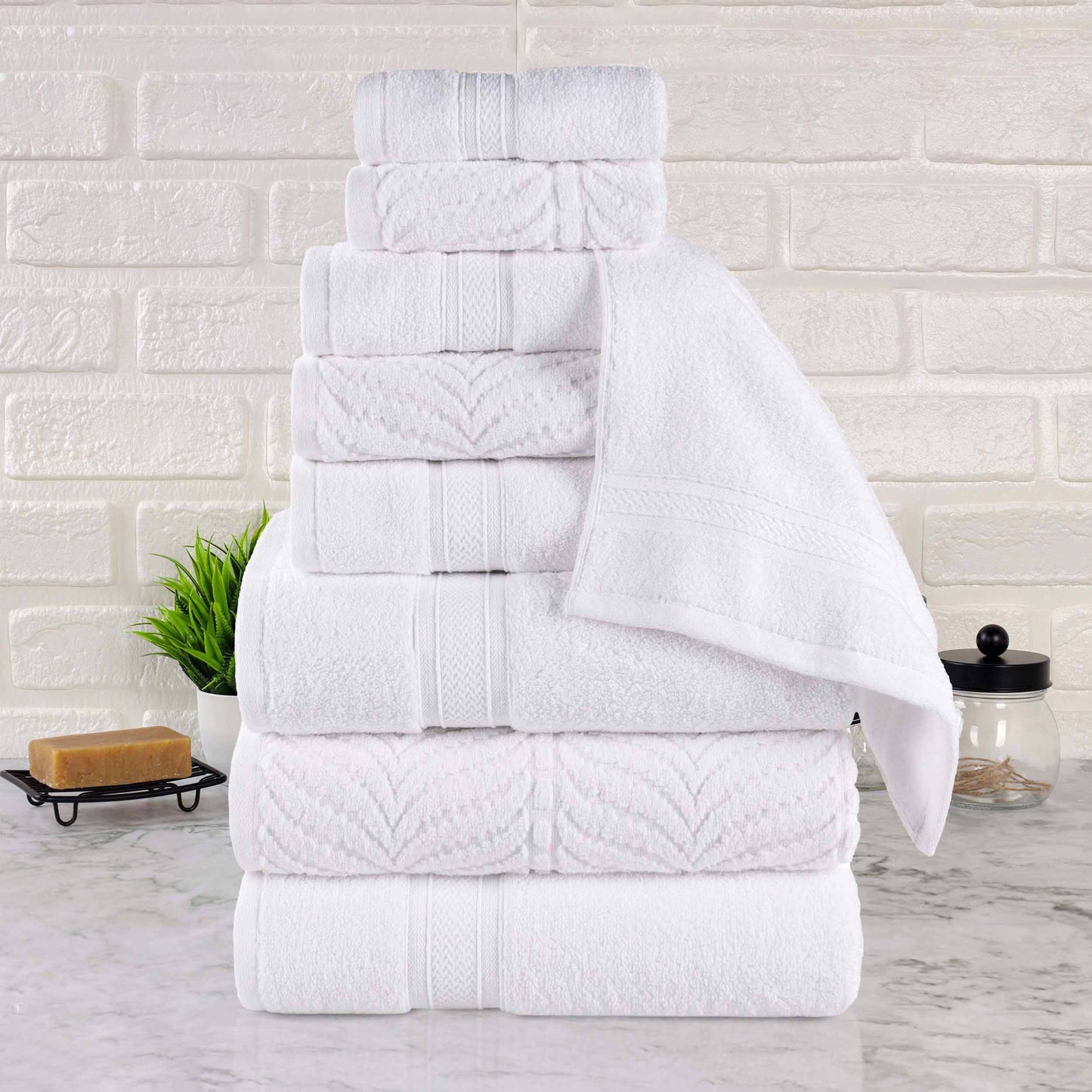Chevron Zero Twist Solid and Jacquard Cotton 9 Piece Towel Set - White