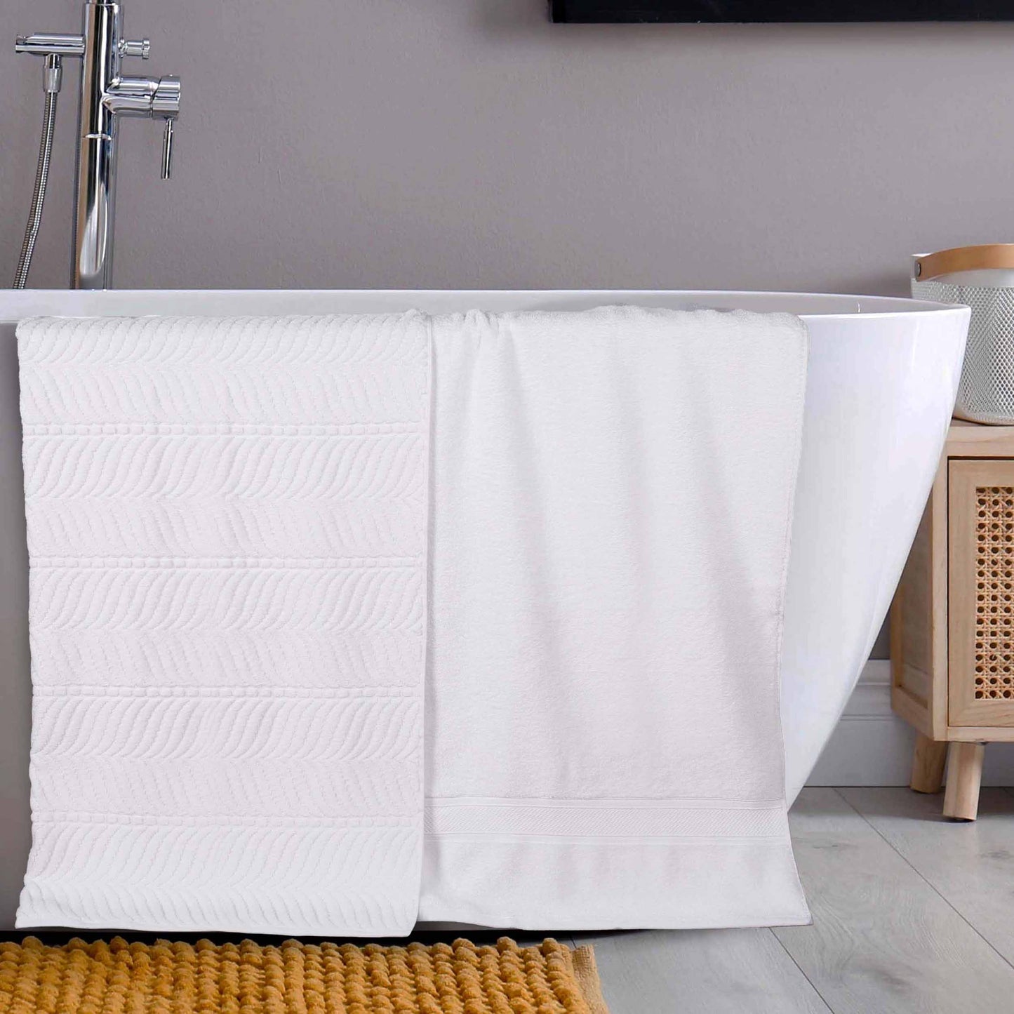 Chevron Zero Twist Solid and Jacquard Soft Cotton Bath Sheet Set of 2 - White