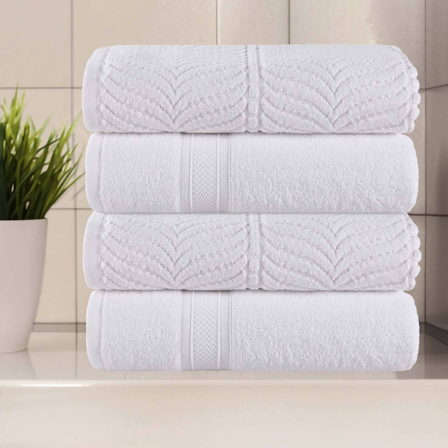 Chevron Zero Twist Solid and Jacquard Soft Cotton Hand Towel Set of 6 - White