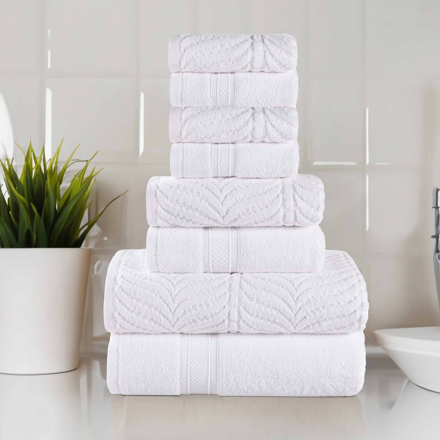 Chevron Zero Twist Solid and Jacquard Cotton 8 Piece Towel Set - White