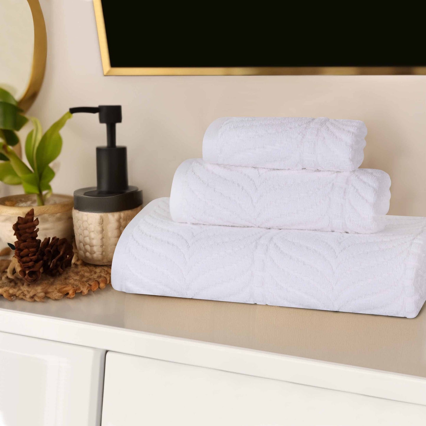 Chevron Zero Twist Jaquard Cotton 3 Piece Bathroom Towel Set - White