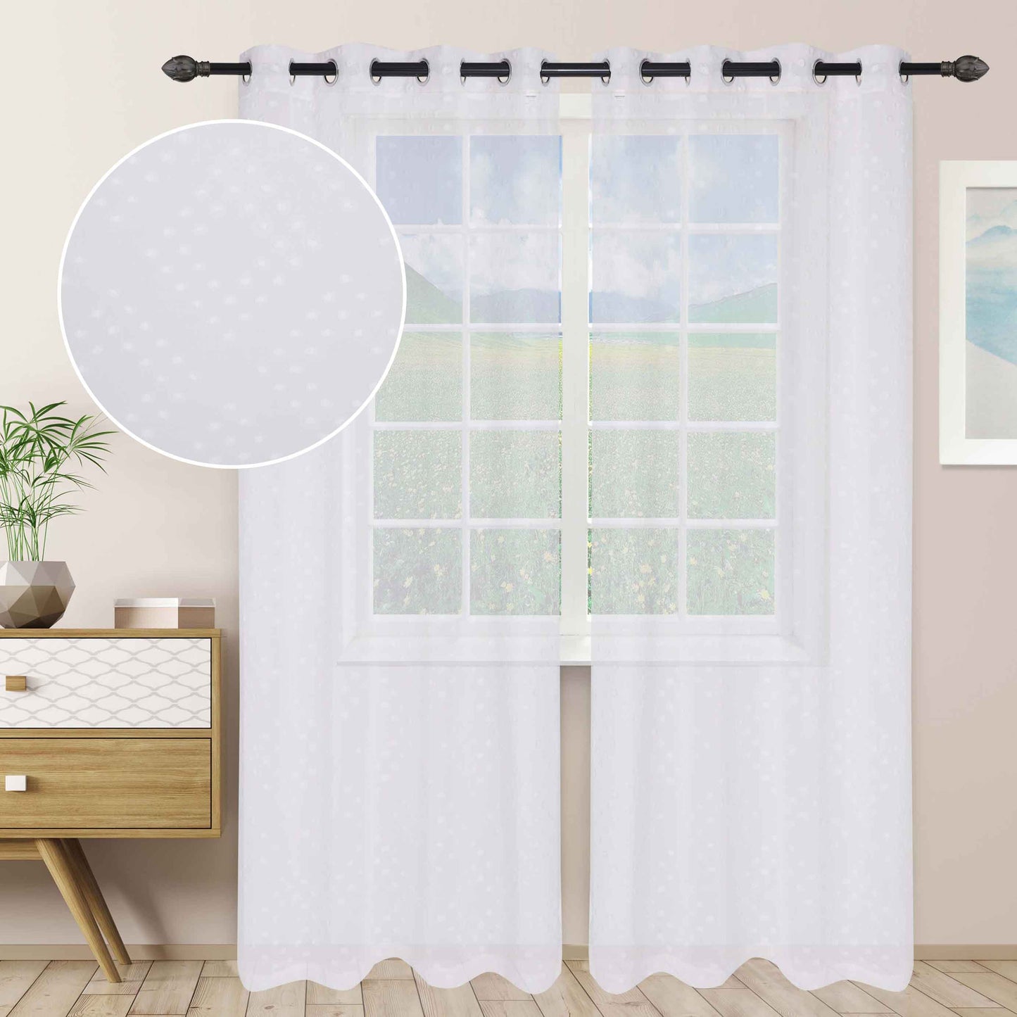 Sheer Poppy Floral Modern Textured Grommet Curtain Panels Set of 2 - White