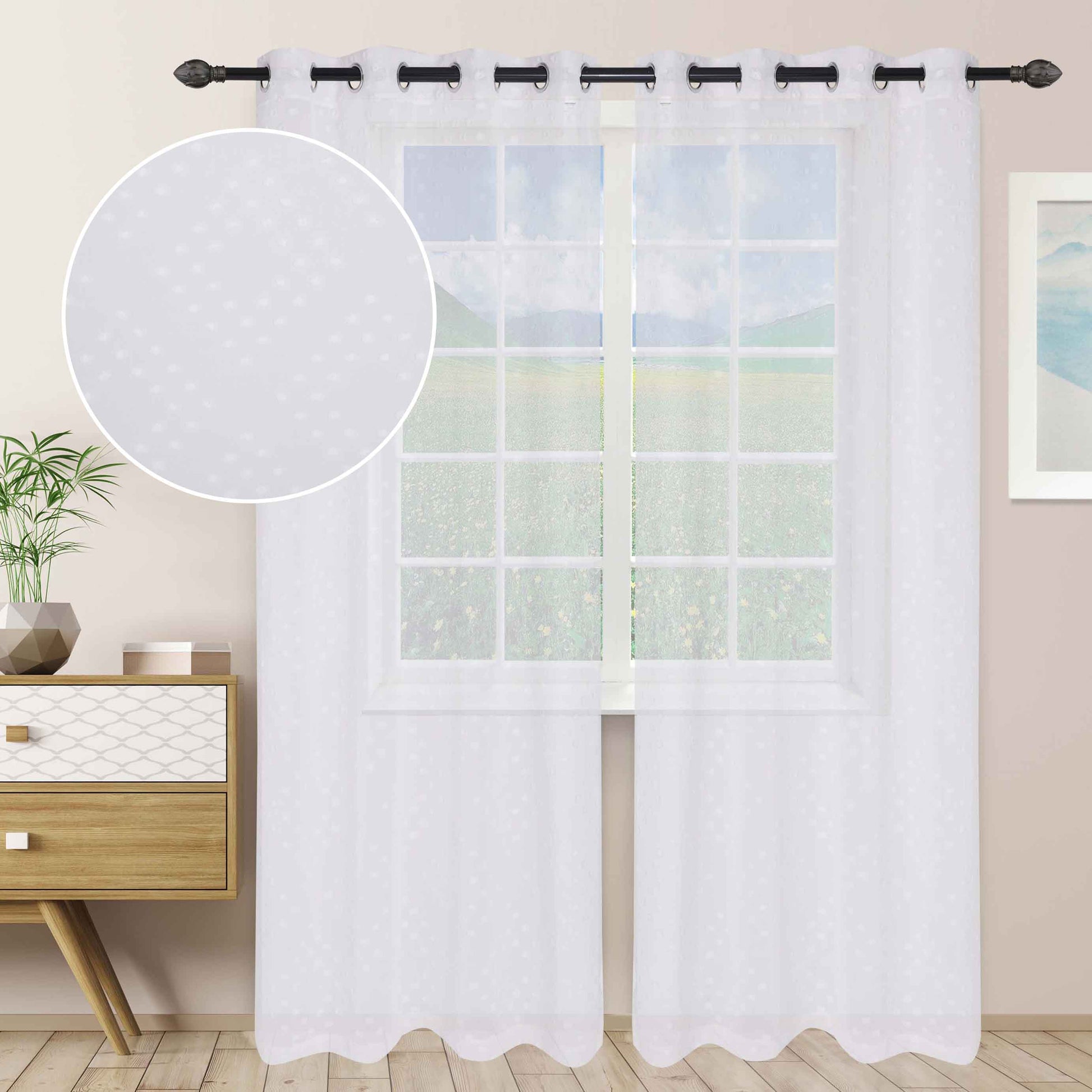 Sheer Poppy Floral Modern Textured Grommet Curtain Panels Set of 2 - White