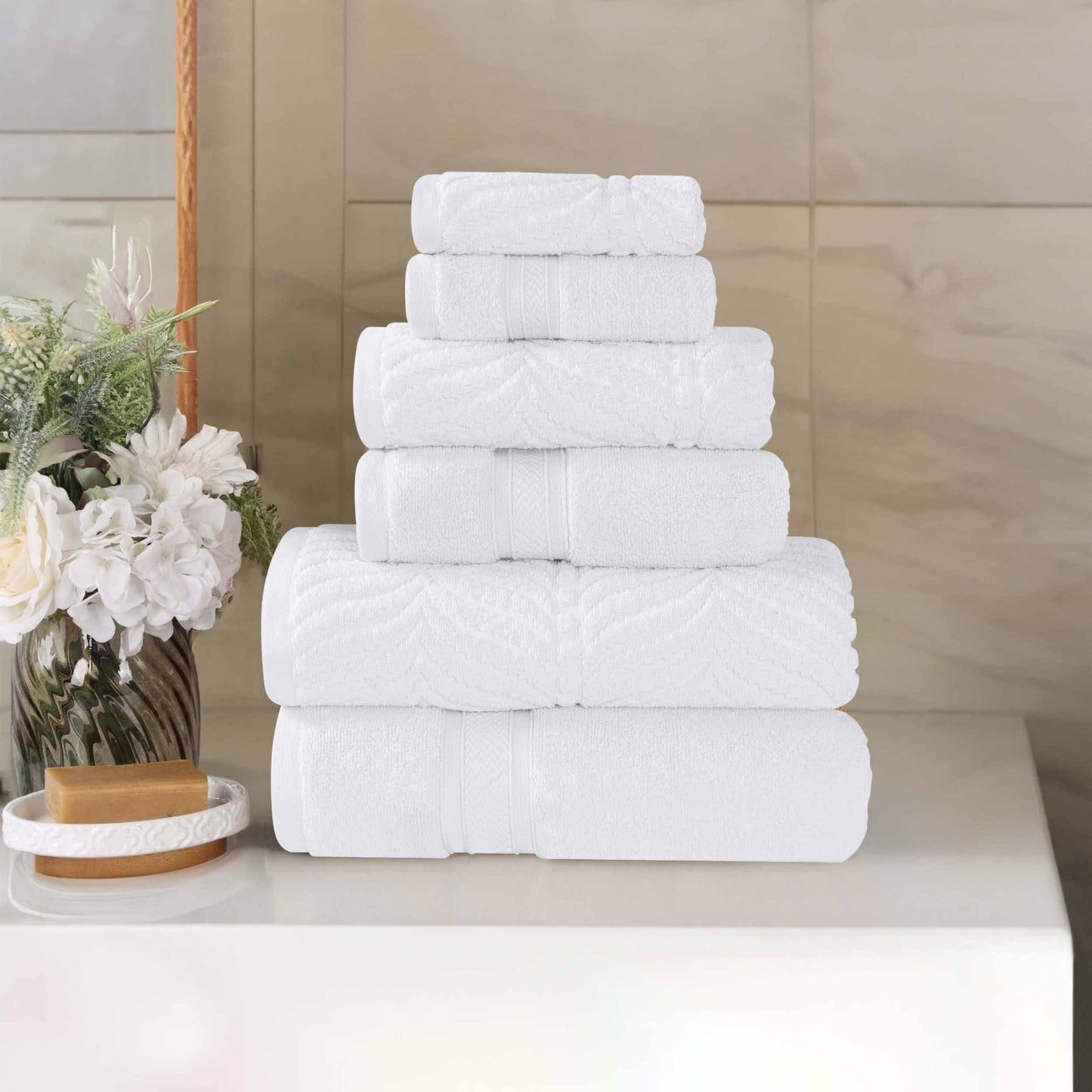 Chevron Zero Twist Solid and Jacquard Soft Cotton 6 Piece Towel Set - White