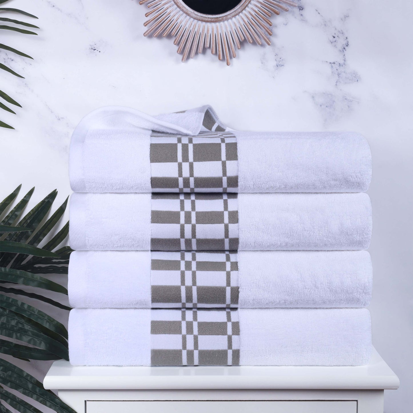 Larissa Cotton Geometric Border Bath Towel Set of 4 - White