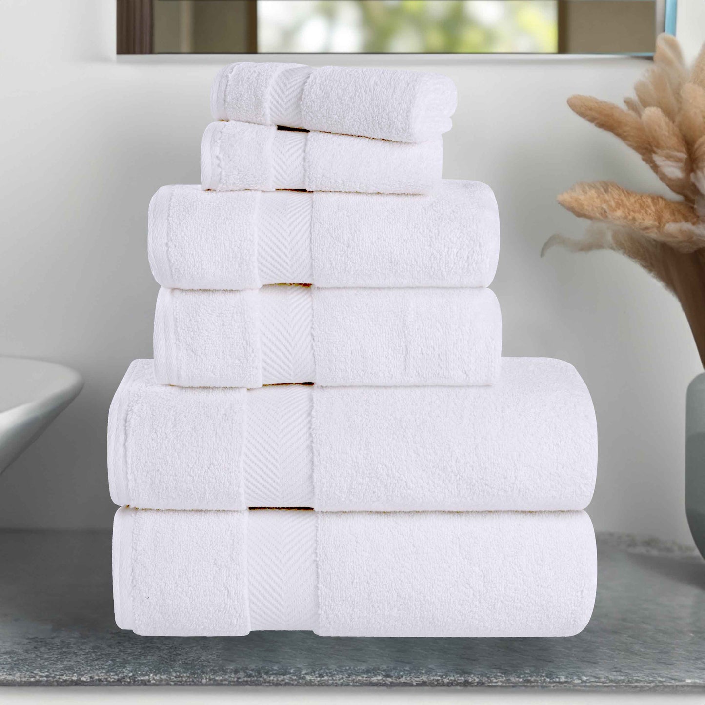 Zero-Twist Cotton Quick-Drying Absorbent Assorted 6 Piece Towel Set - White
