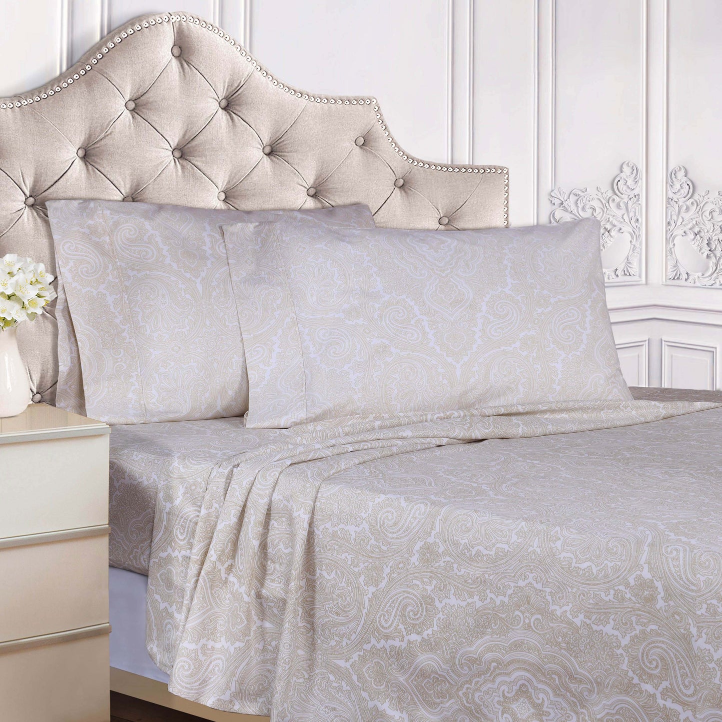 Italian Paisley 600 Thread Count Cotton Blend Deep Pocket Sheet Set - White
