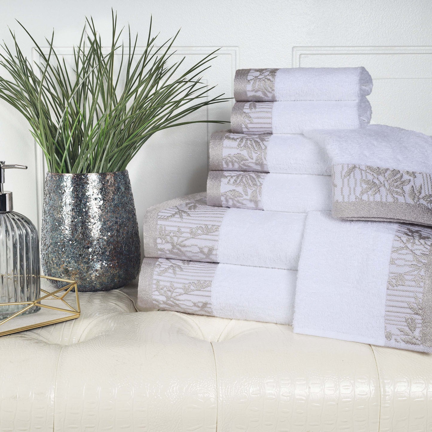 Wisteria Cotton Medium Weight Floral Jacquard Border 8 Piece Towel Set