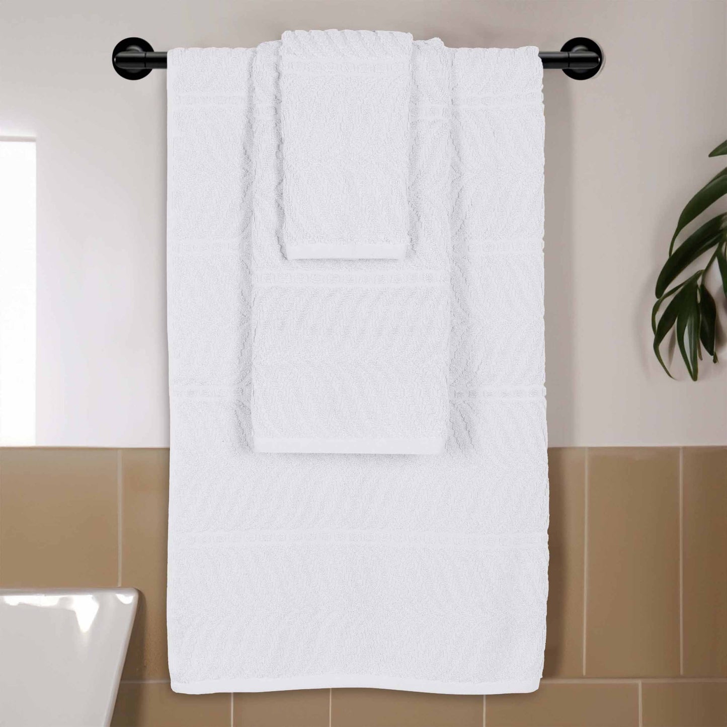Chevron Zero Twist Jaquard Cotton 3 Piece Bathroom Towel Set - White