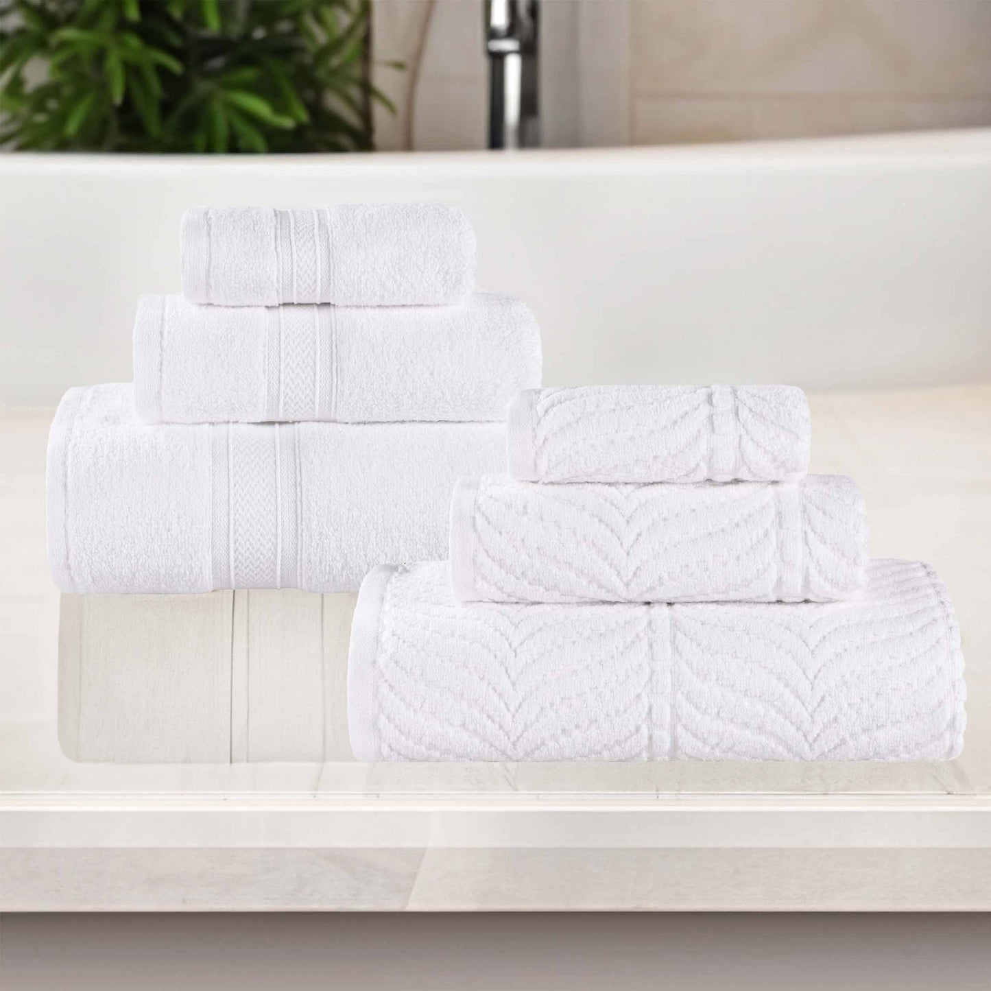 Chevron Zero Twist Solid and Jacquard Soft Cotton 6 Piece Towel Set - White