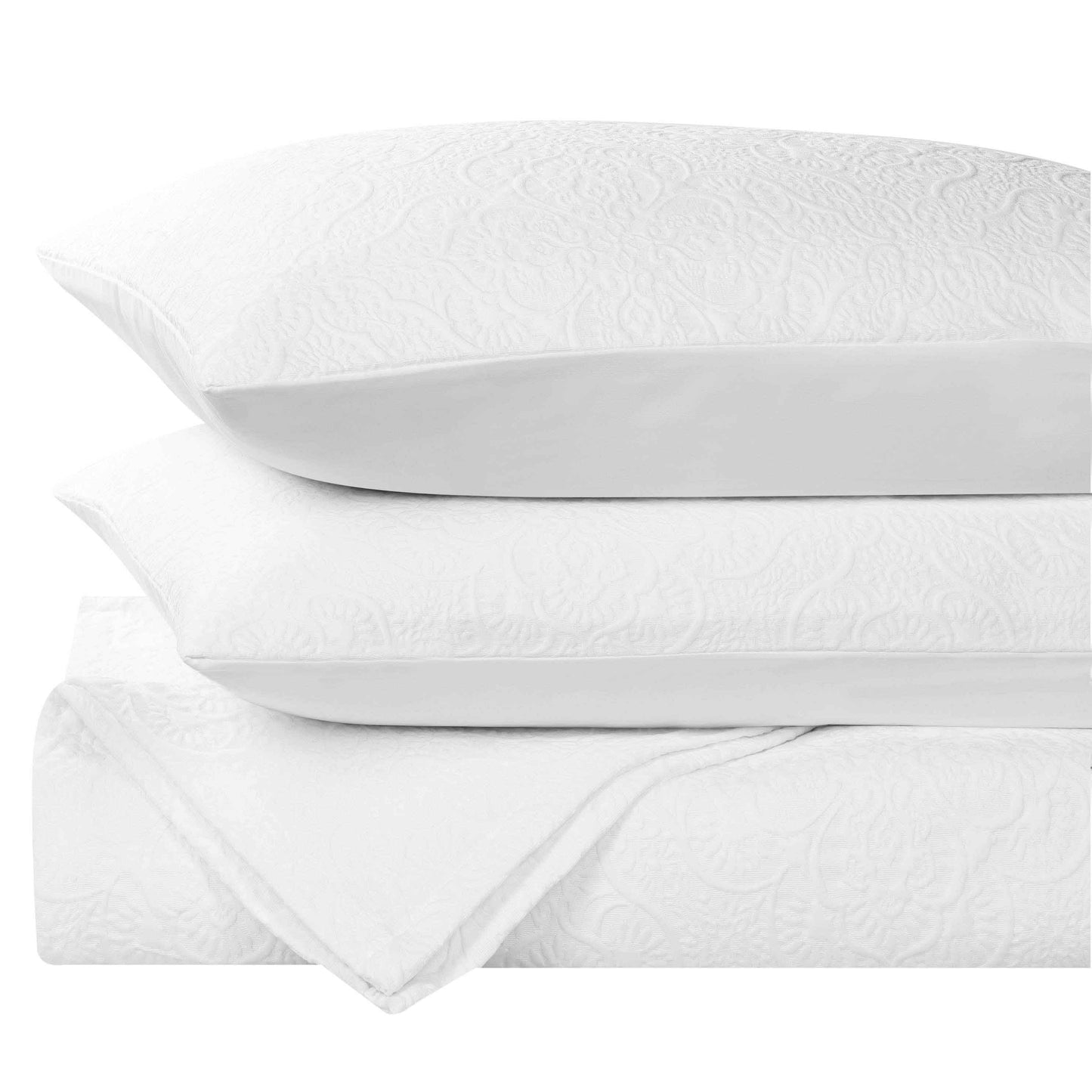Enzy Medium Weight Floral Matelasse 3 Piece Bedspread Pillow Sham Set - White
