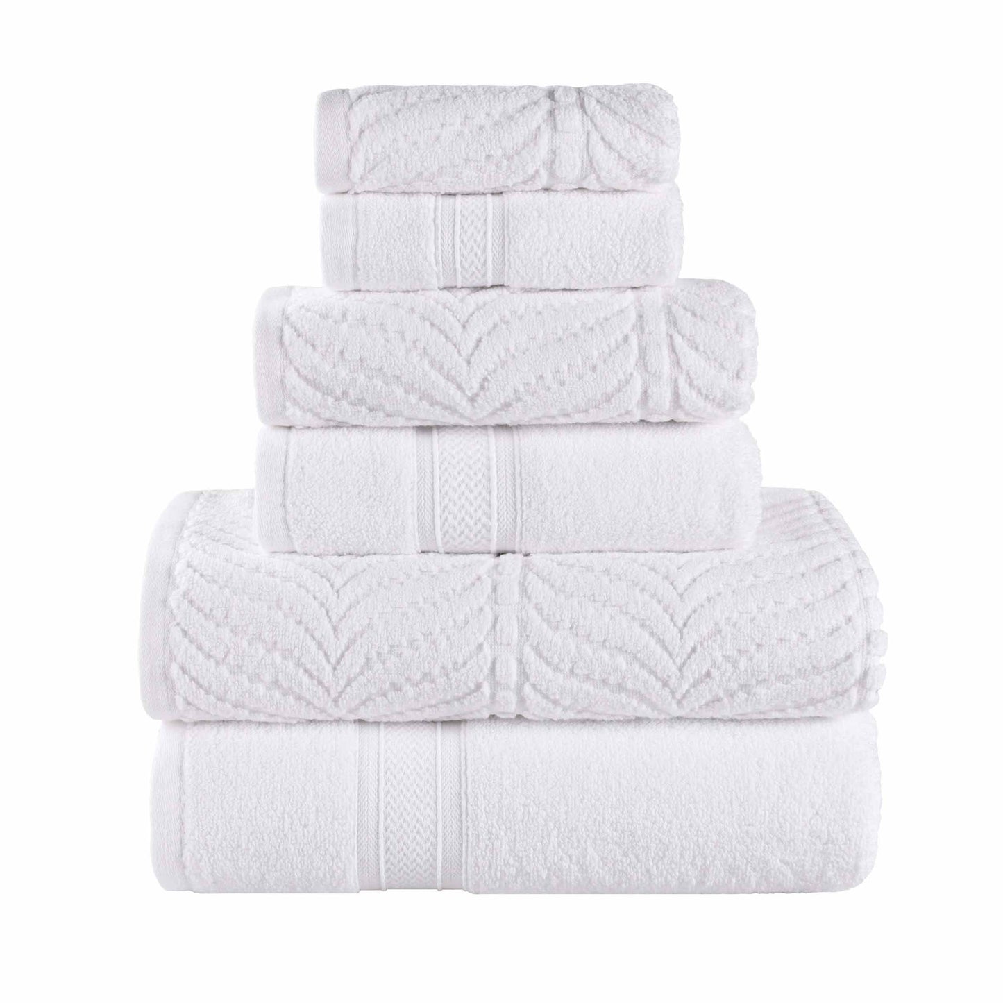 Chevron Zero Twist Solid and Jacquard Soft Cotton 6 Piece Towel Set - White