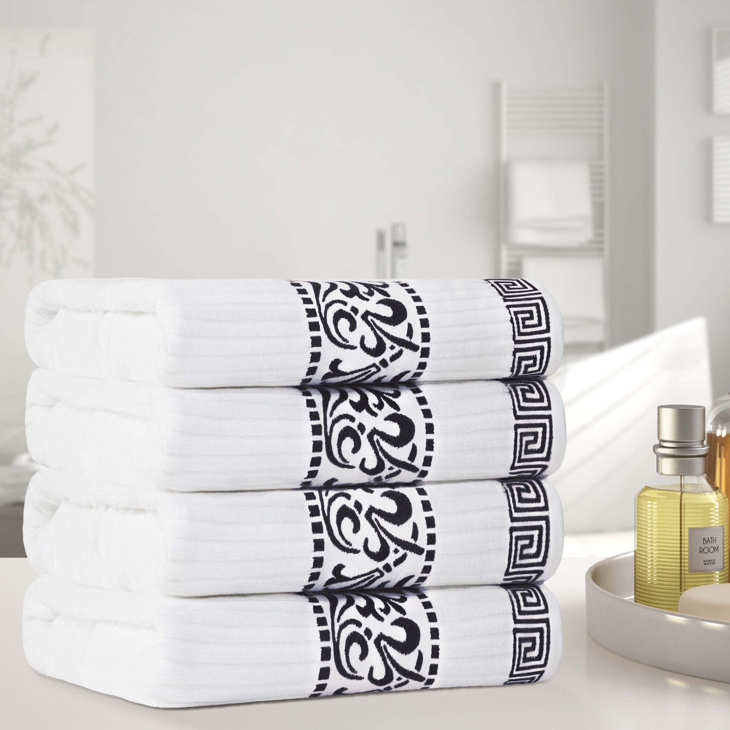 Athens Cotton Greek Key Trim Bath Towel Set of 4 - White-Black