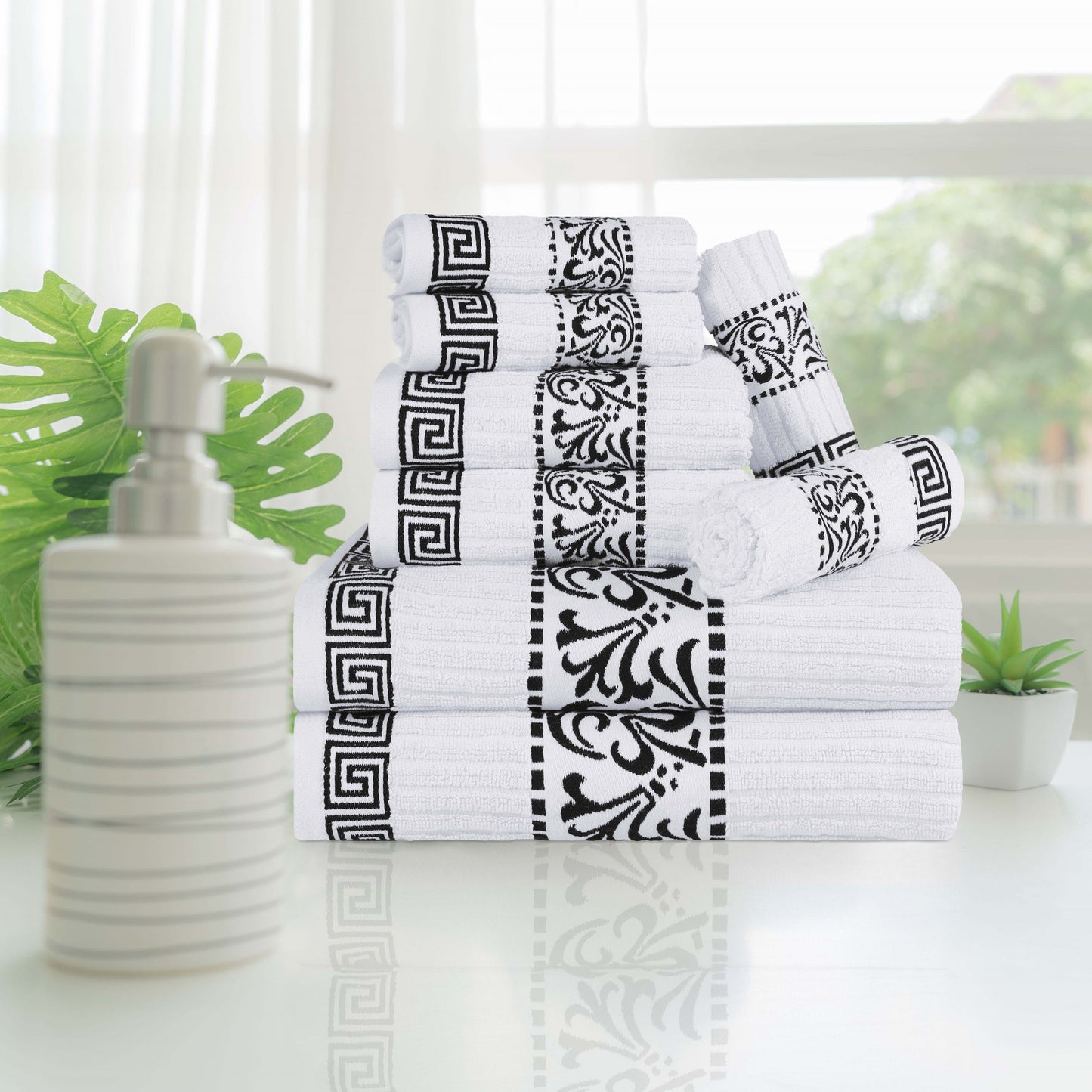Superior Athens Cotton Greek Key Trim 8 Piece Towel Set - White-Black