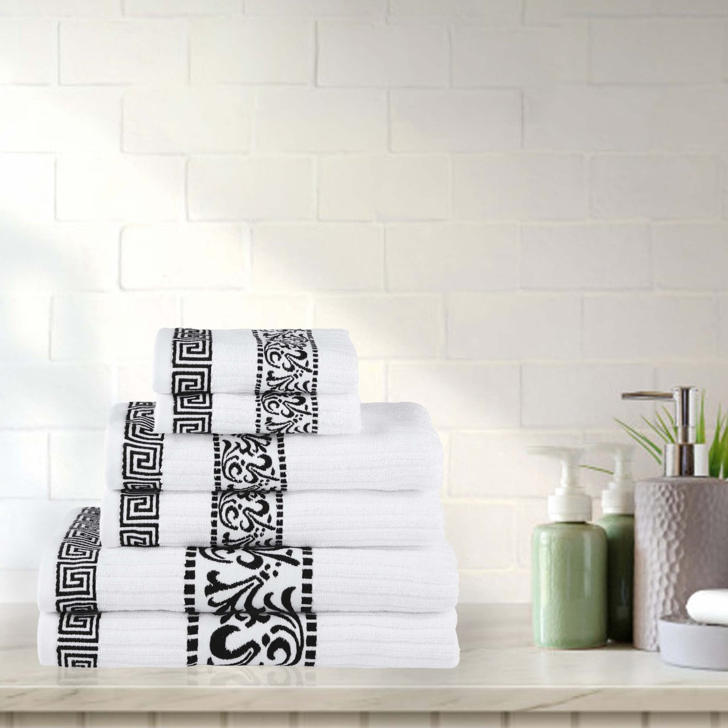 Athens Cotton Medium Weight Floral Greek Key Trim 6 Piece Towel Set - White-Black