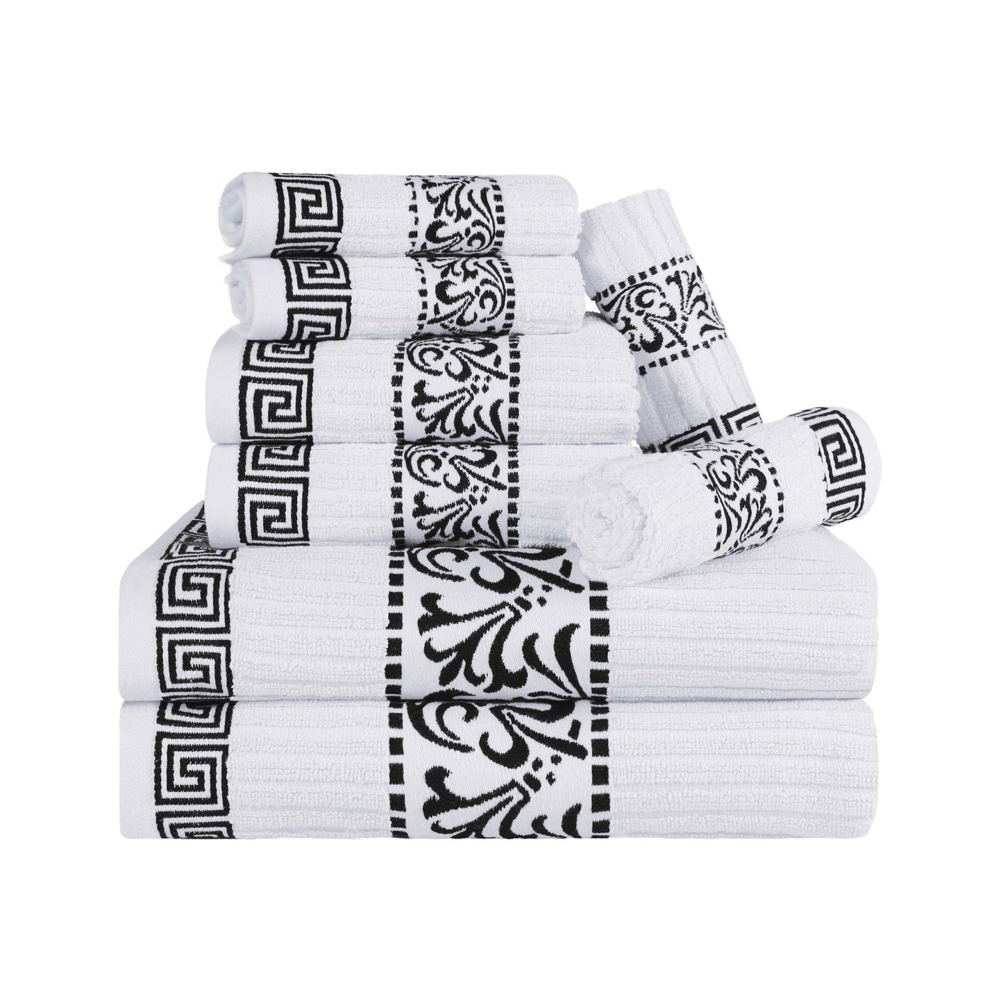 Superior Athens Cotton Greek Key Trim 8 Piece Towel Set - White-Black
