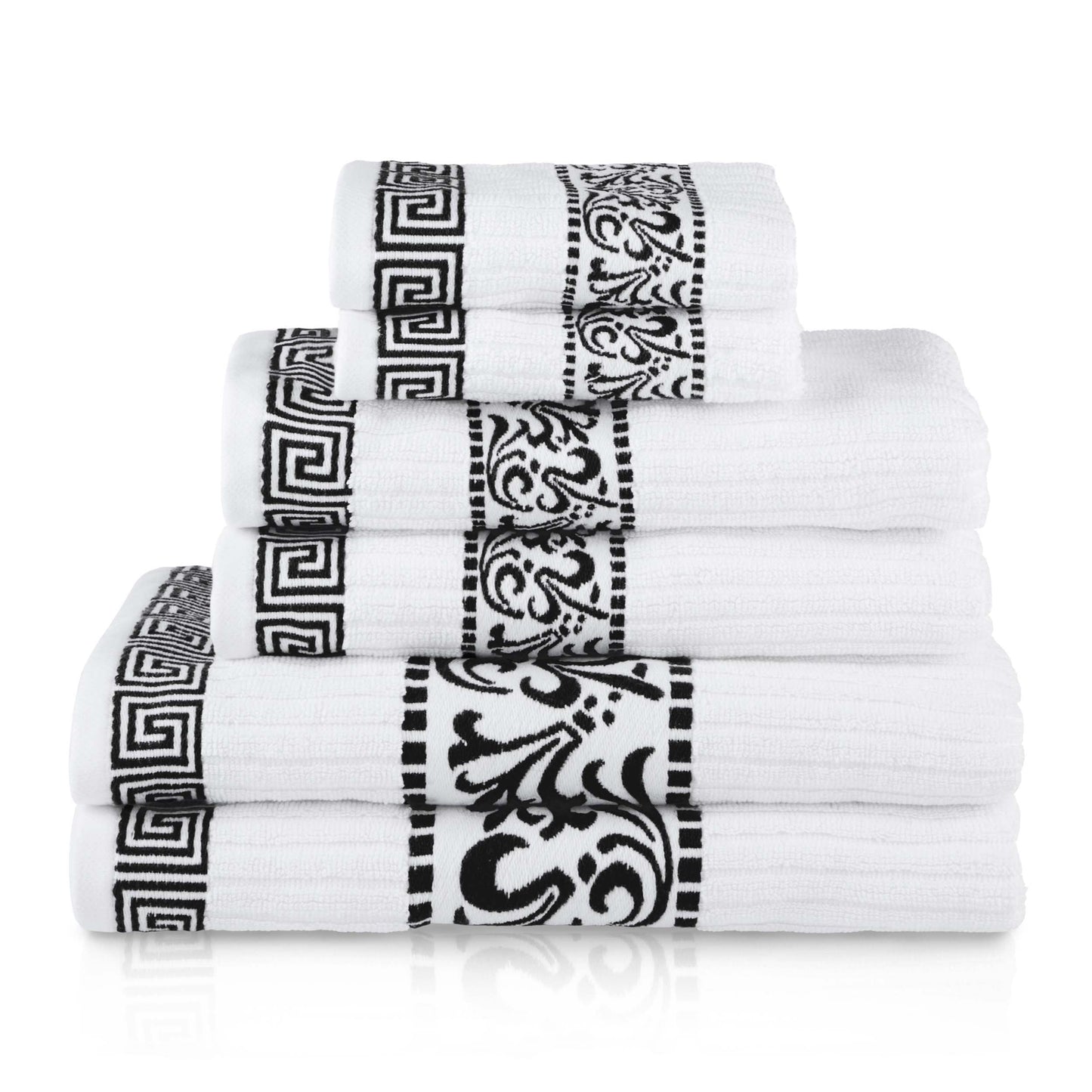 Athens Cotton Medium Weight Floral Greek Key Trim 6 Piece Towel Set - White-Black