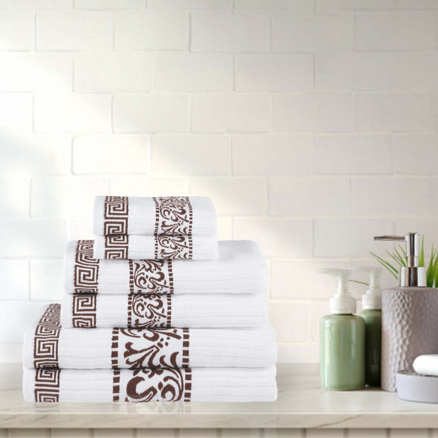 Athens Cotton Medium Weight Floral Greek Key Trim 6 Piece Towel Set - White-Chocolate