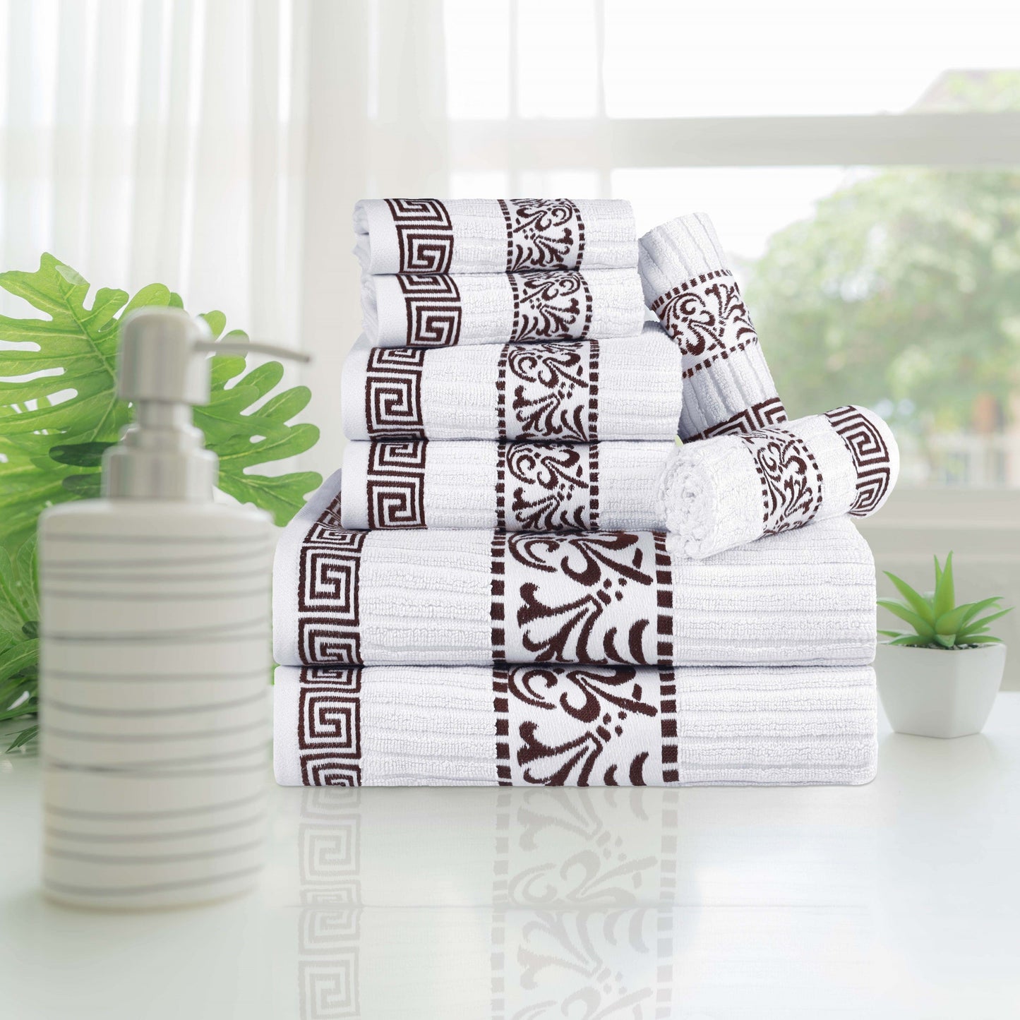 Superior Athens Cotton Greek Key Trim 8 Piece Towel Set - White-Chocolate