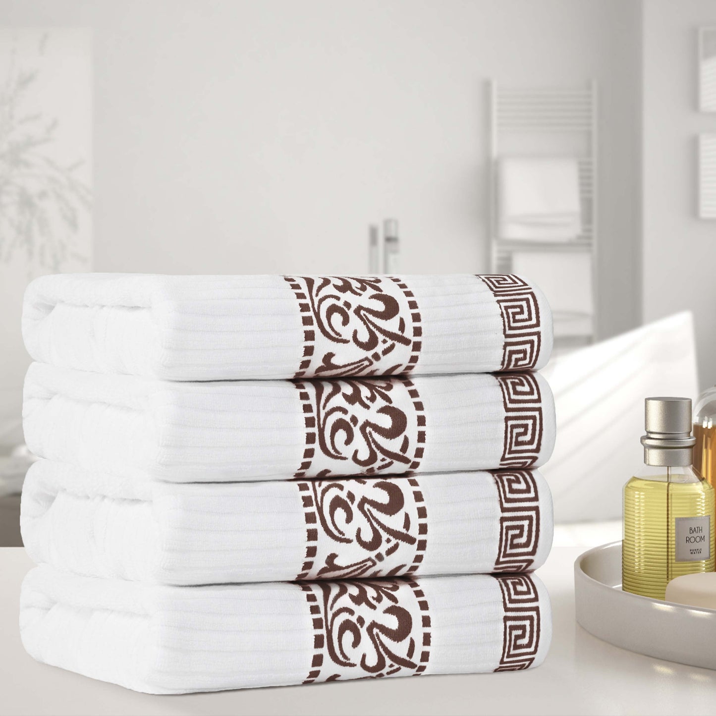 Athens Cotton Greek Key Trim Bath Towel Set of 4 - White-Chocolate