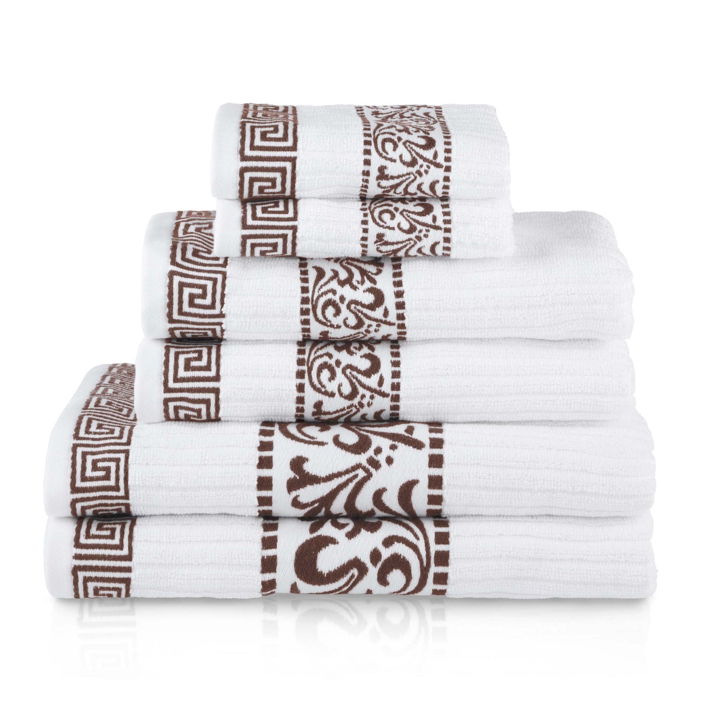 Athens Cotton Medium Weight Floral Greek Key Trim 6 Piece Towel Set - White-Chocolate