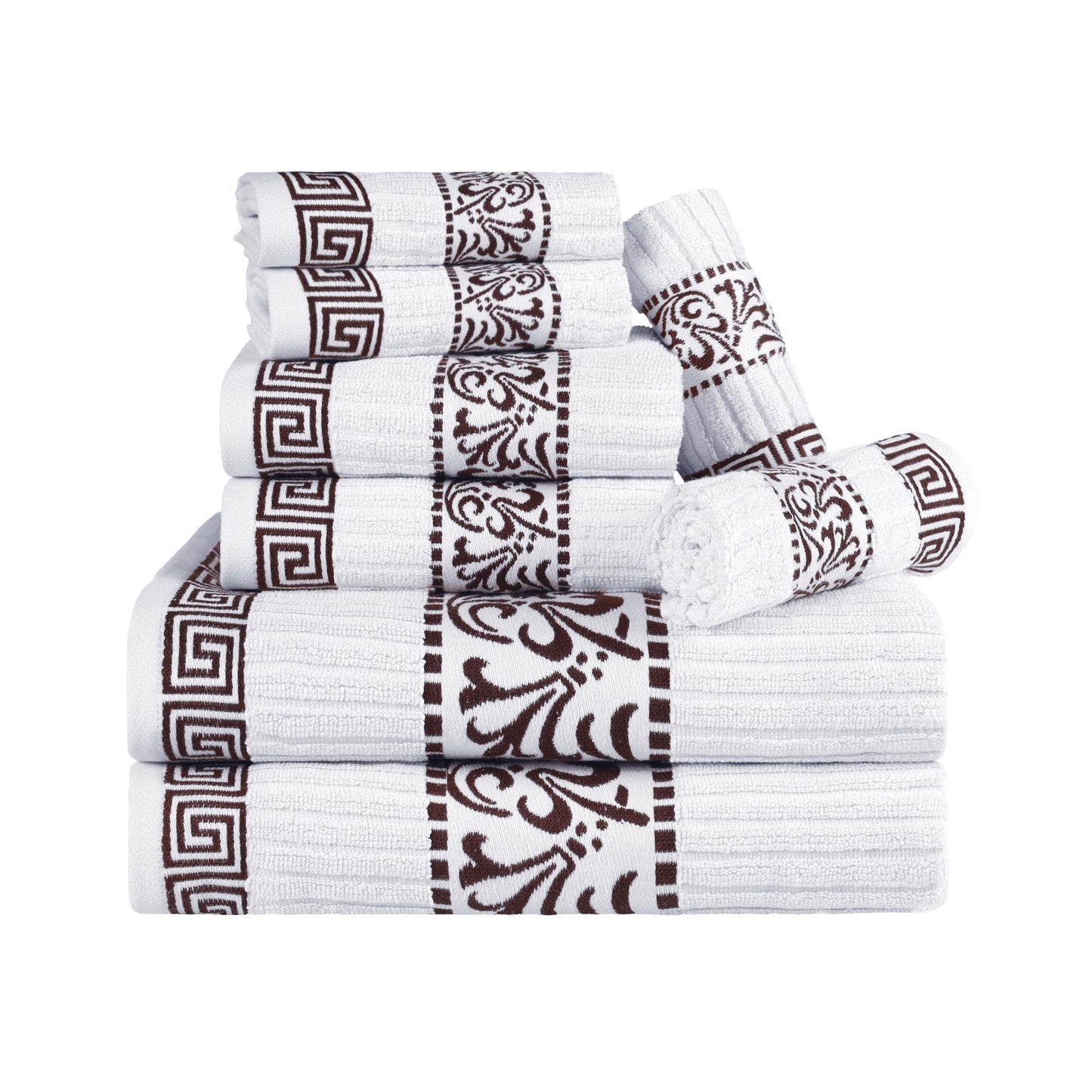 Superior Athens Cotton Greek Key Trim 8 Piece Towel Set - White-Chocolate