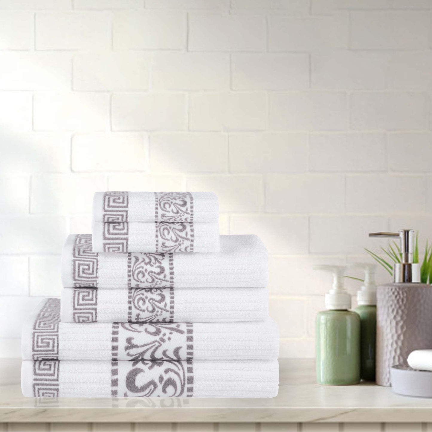 Athens Cotton Medium Weight Floral Greek Key Trim 6 Piece Towel Set - White-Chrome