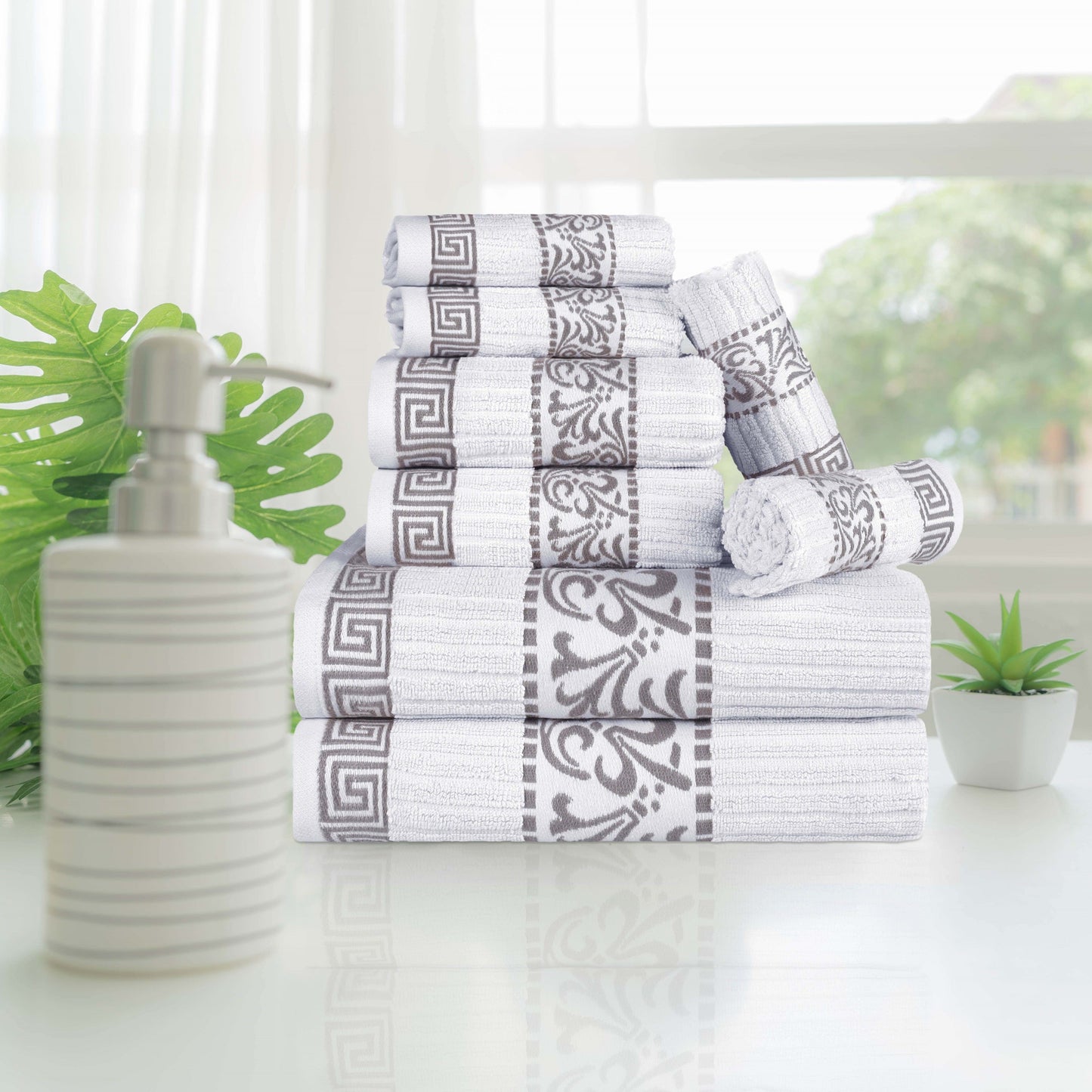 Superior Athens Cotton Greek Key Trim 8 Piece Towel Set - White-Chrome