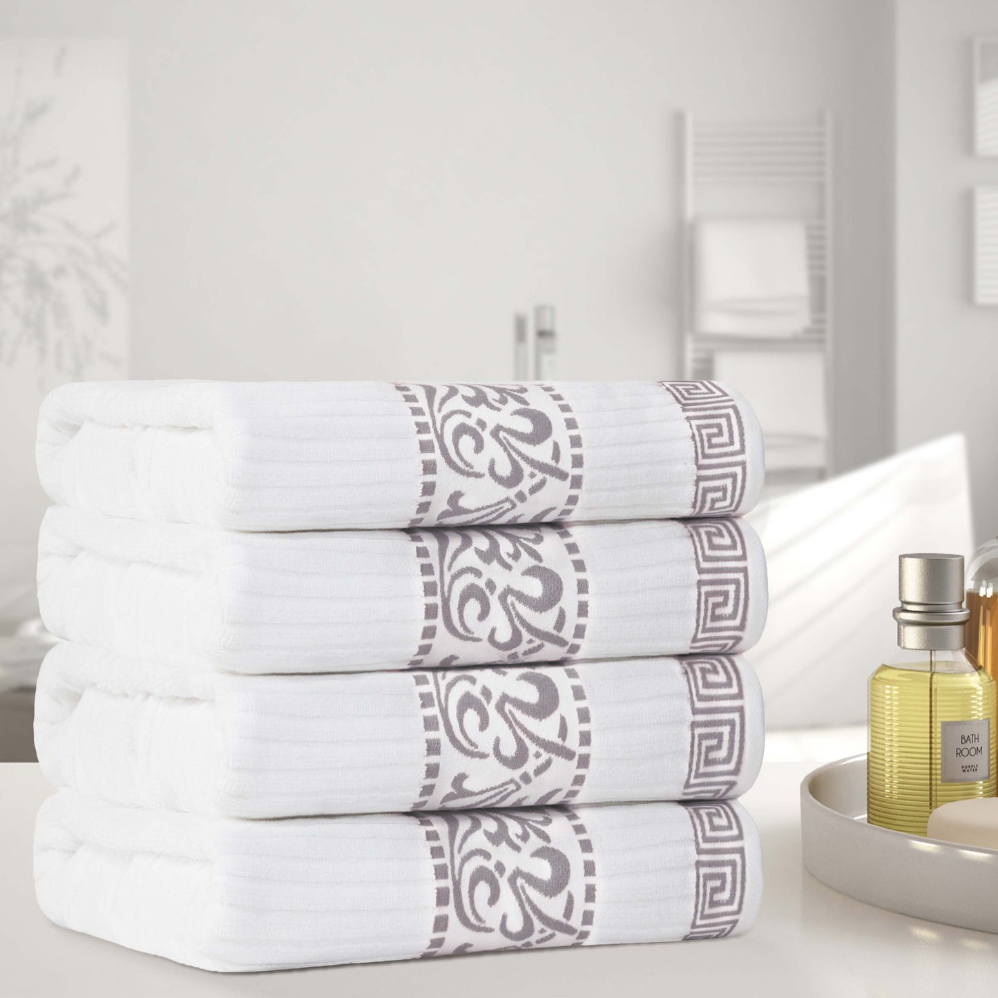 Athens Cotton Greek Key Trim Bath Towel Set of 4 - White-Chrome