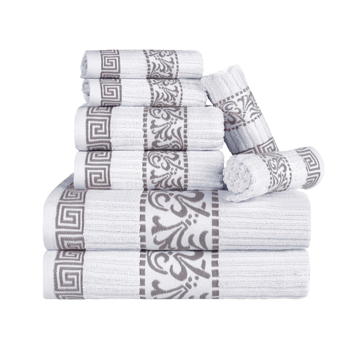 Superior Athens Cotton Greek Key Trim 8 Piece Towel Set - White-Chrome