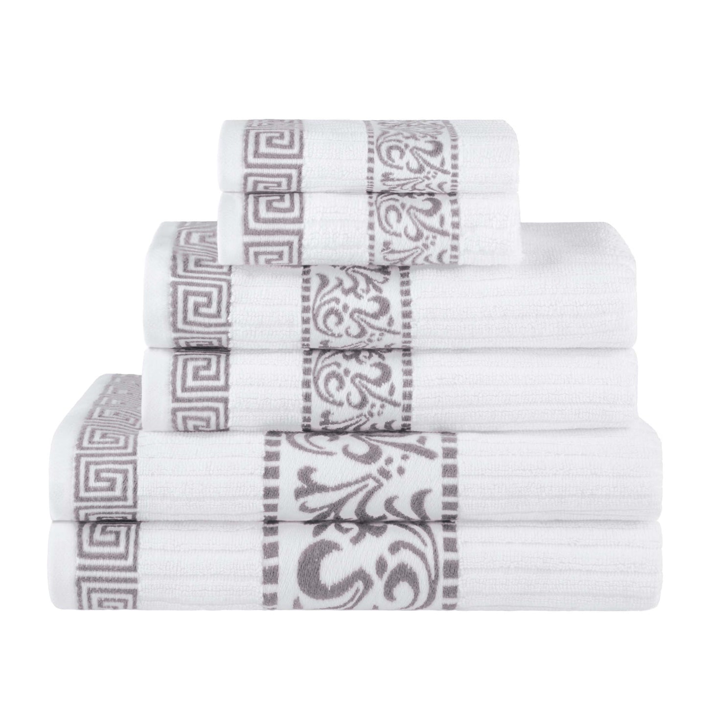 Athens Cotton Medium Weight Floral Greek Key Trim 6 Piece Towel Set - White-Chrome