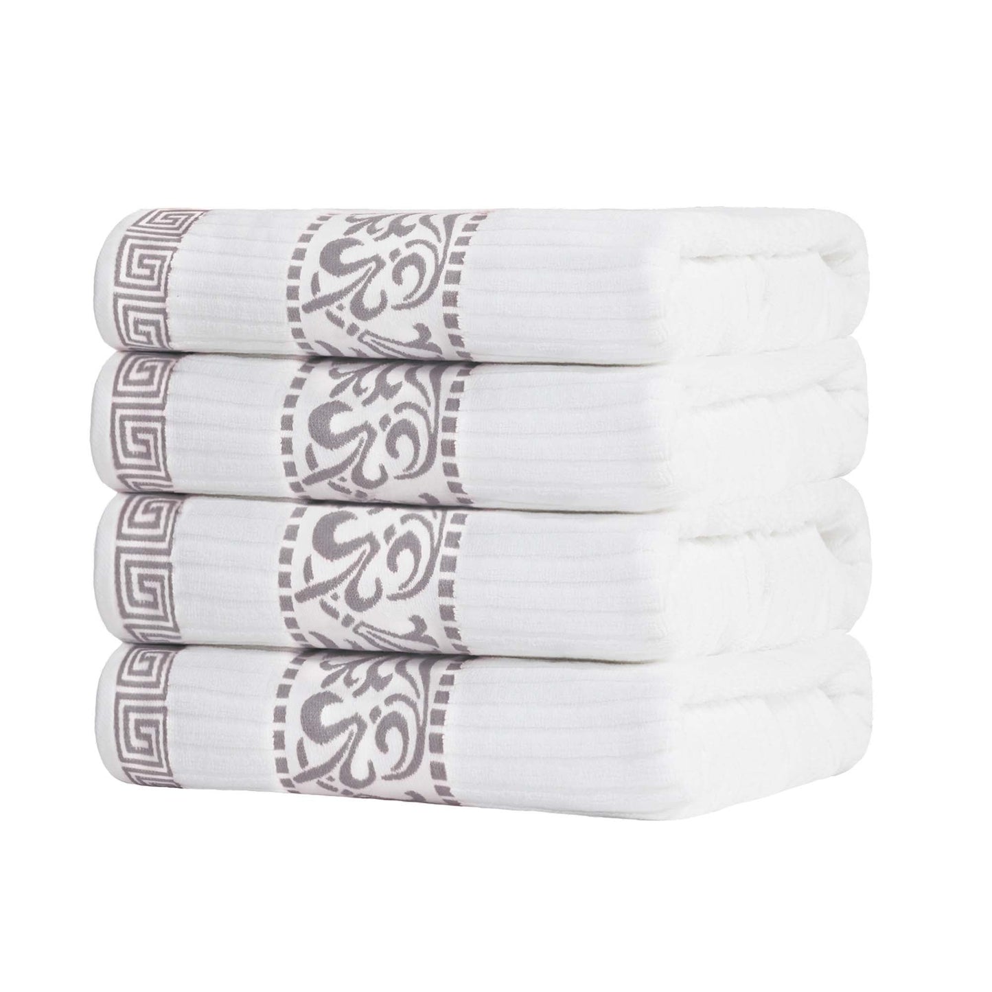 Athens Cotton Greek Key Trim Bath Towel Set of 4 - White-Chrome