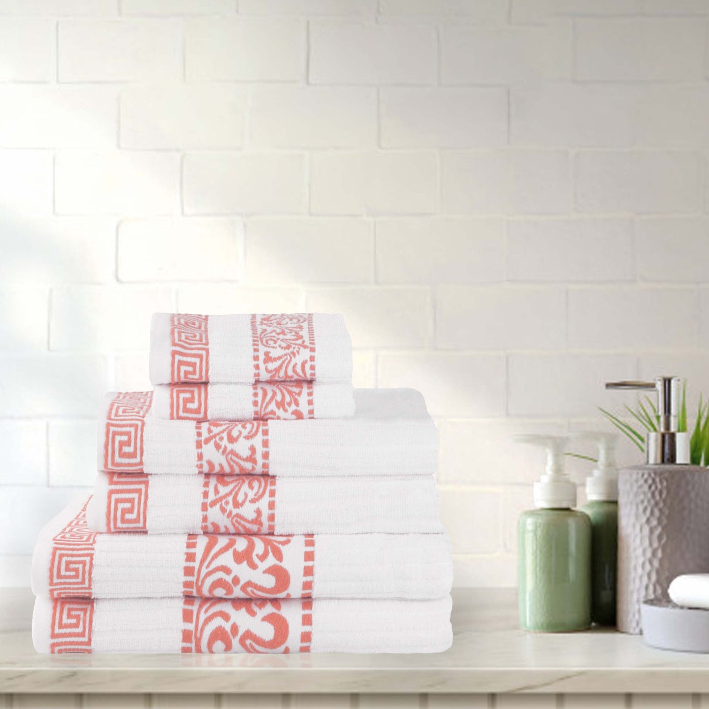 Athens Cotton Medium Weight Floral Greek Key Trim 6 Piece Towel Set - White-Coral