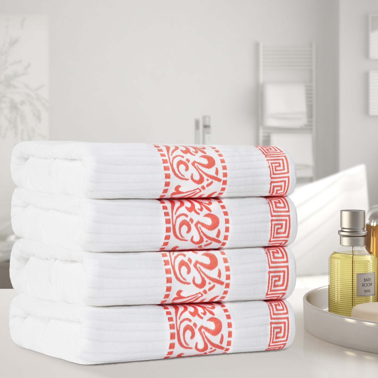 Athens Cotton Greek Key Trim Bath Towel Set of 4 - White-Coral
